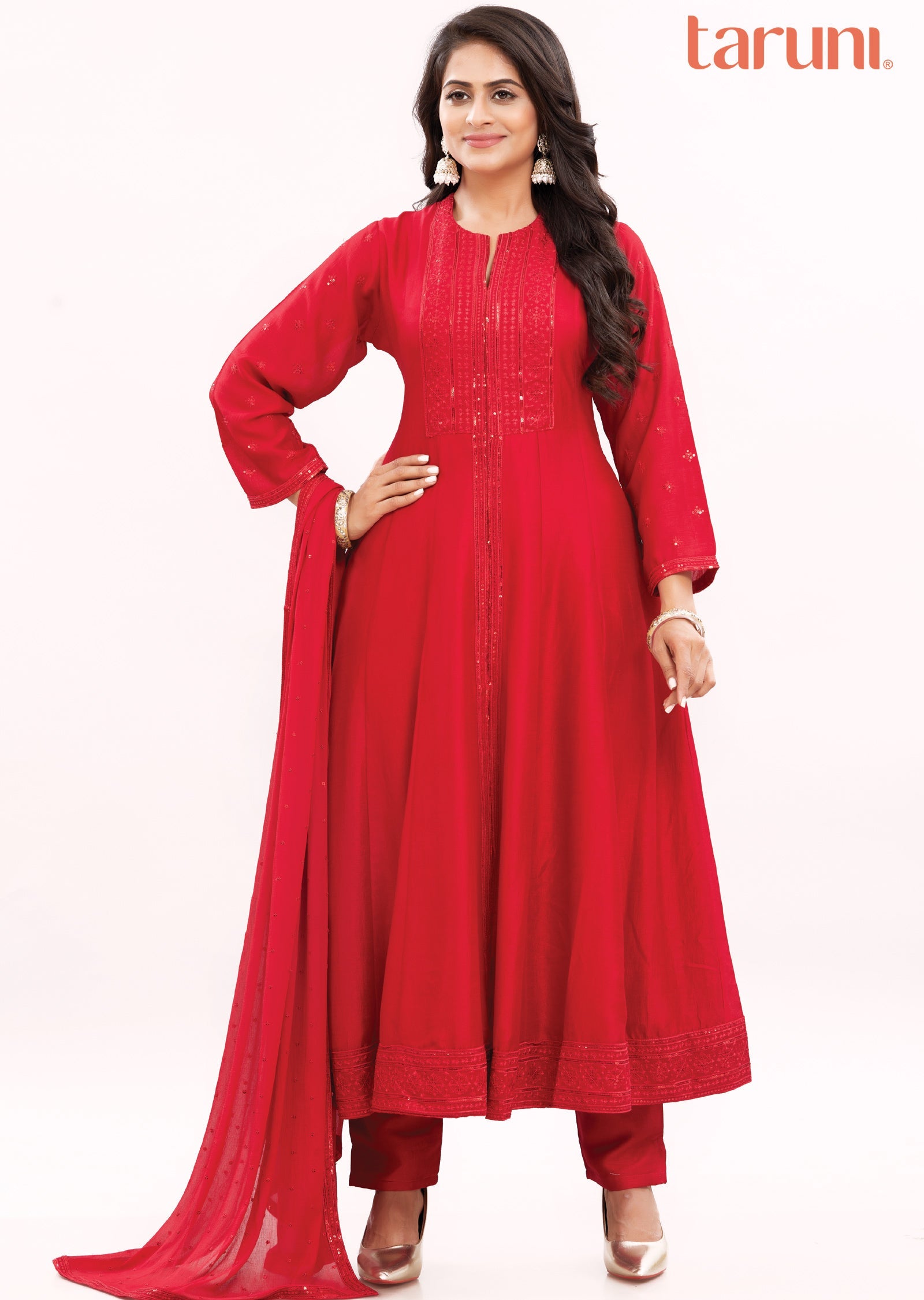 Red Tapeta Silk Anarkali Suit main image 1