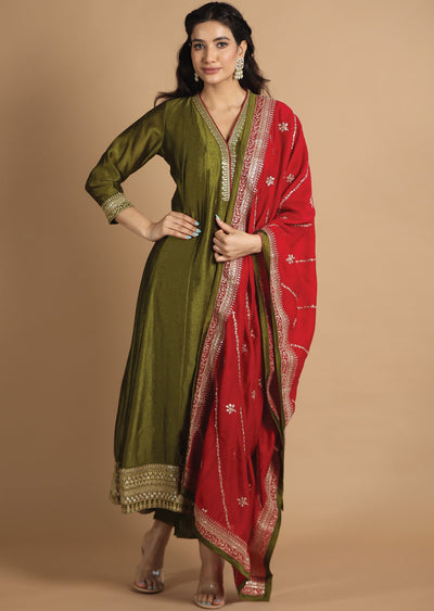 Olive Green Silk Anarkali