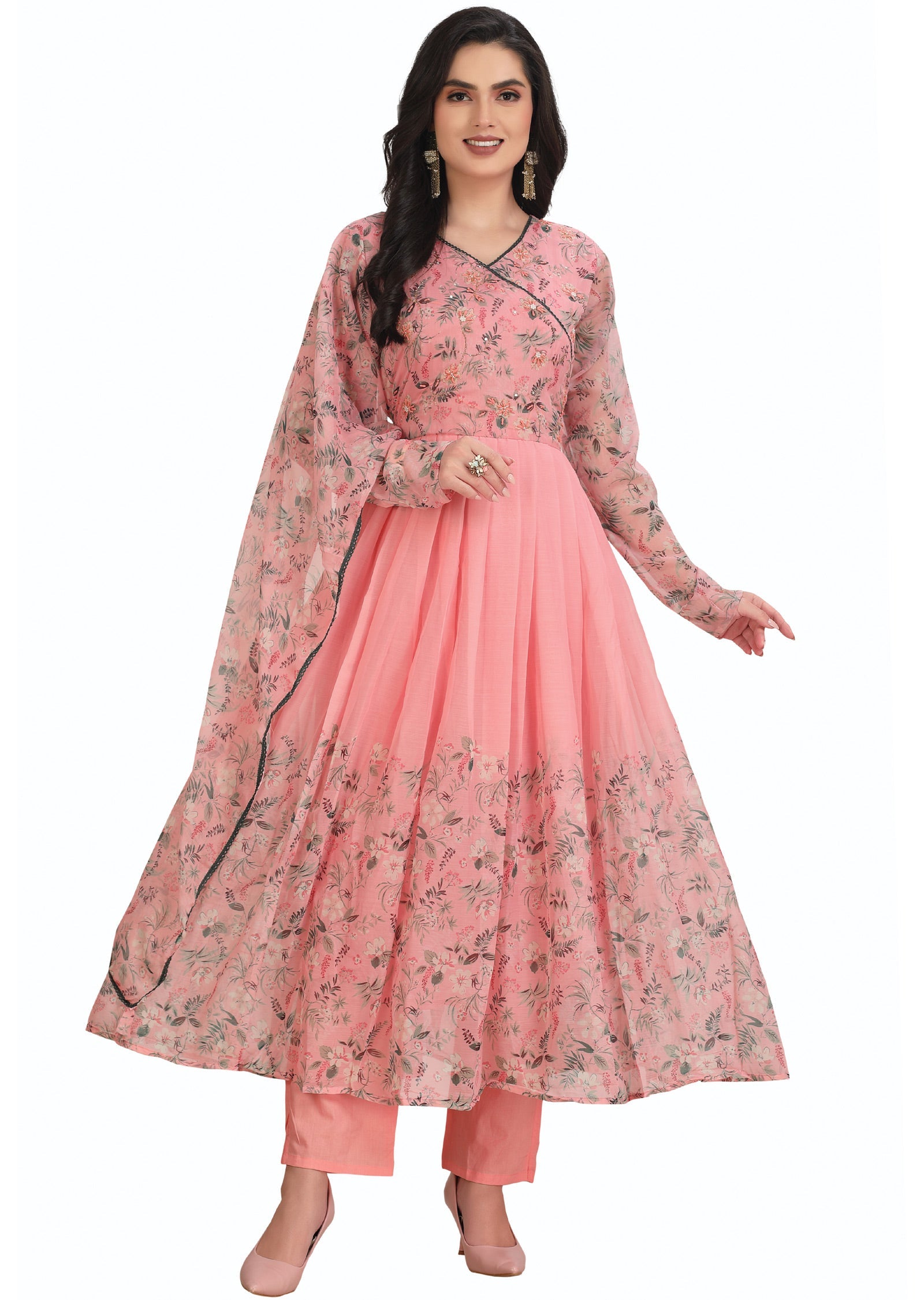 Green chiffon double layer anarkali main image 1