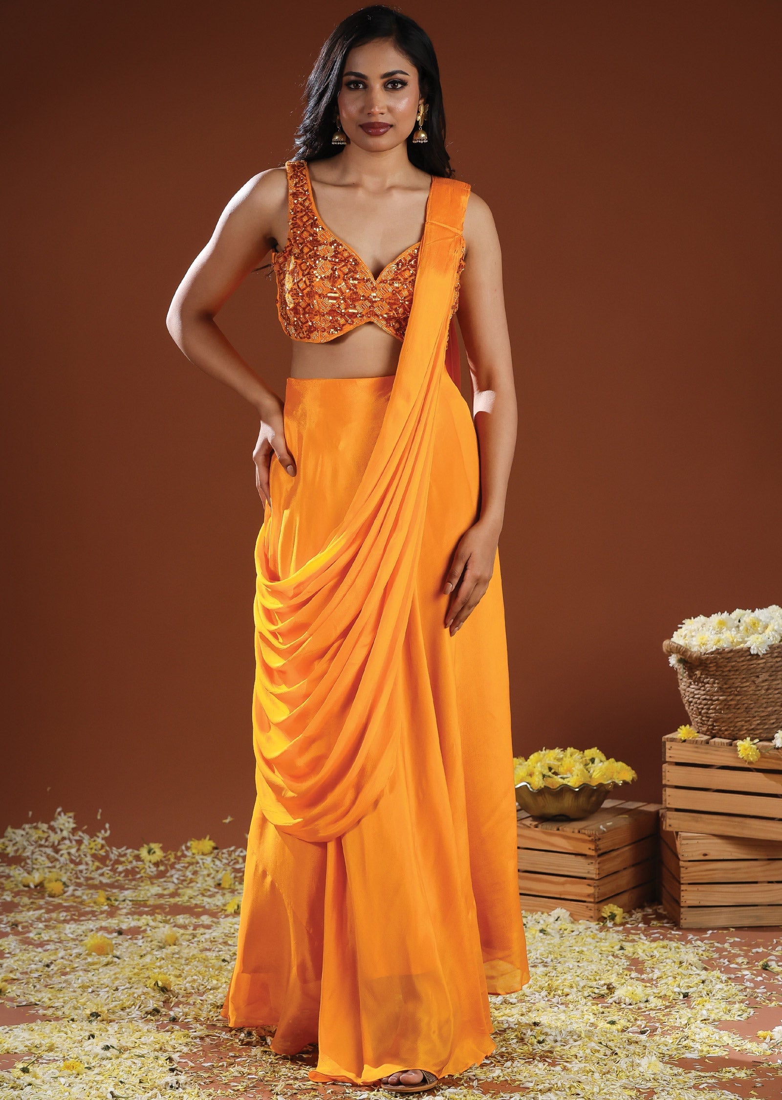 Orange Organza & Chinnon Draped Saree