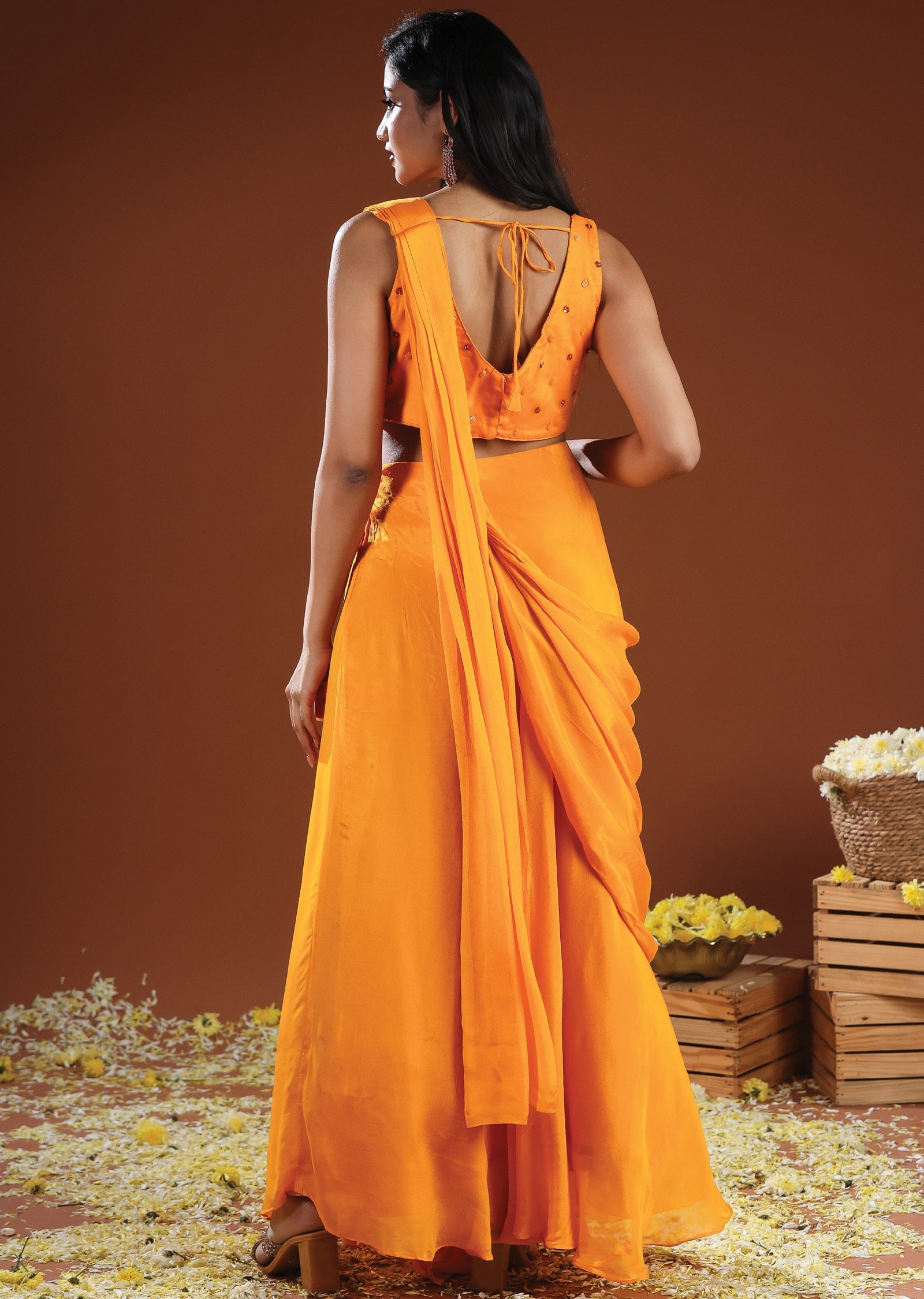 Orange Organza & Chinnon Draped Saree