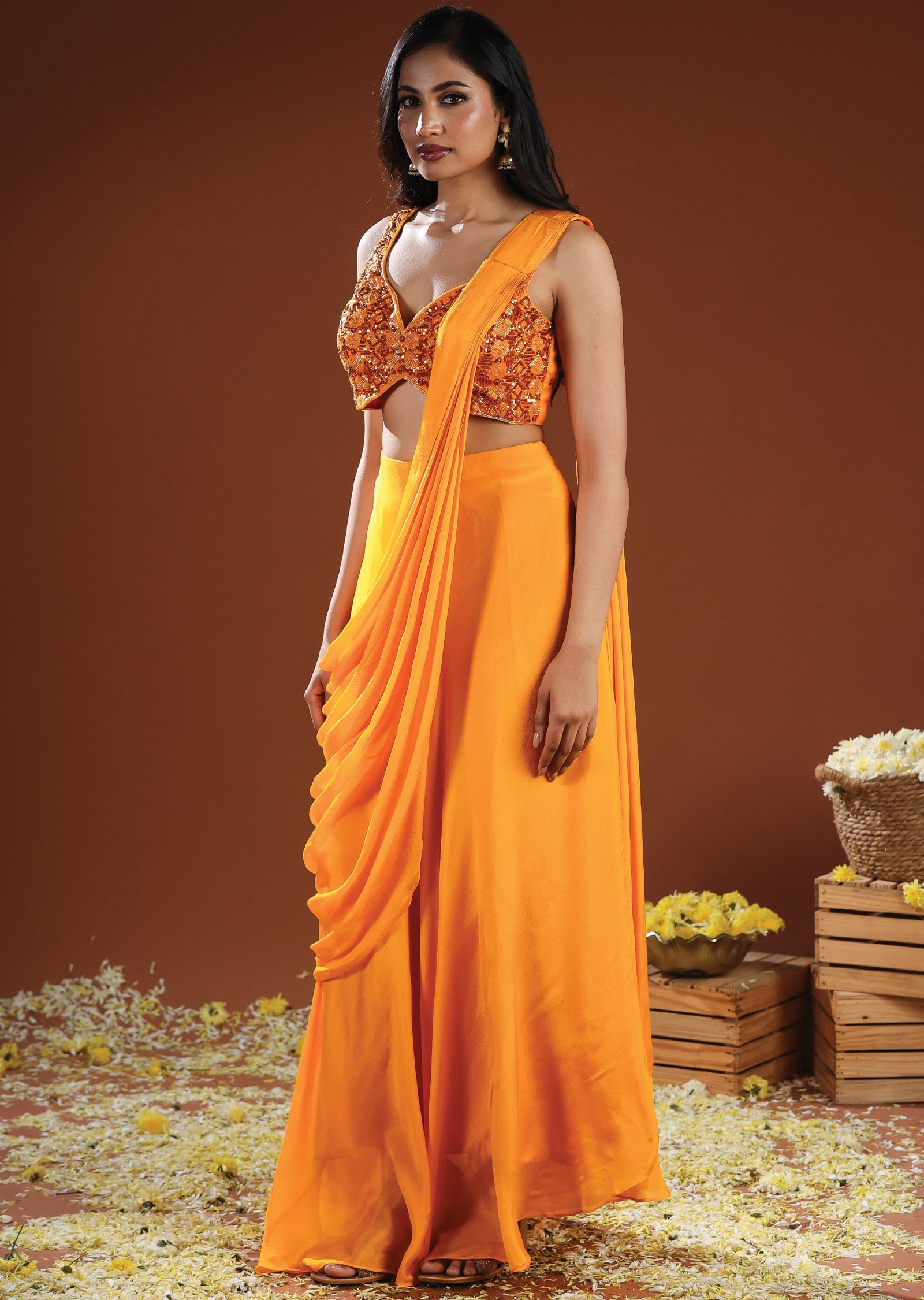 Orange Organza & Chinnon Draped Saree