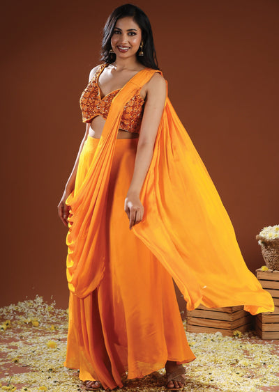 Orange Organza & Chinnon Draped Saree