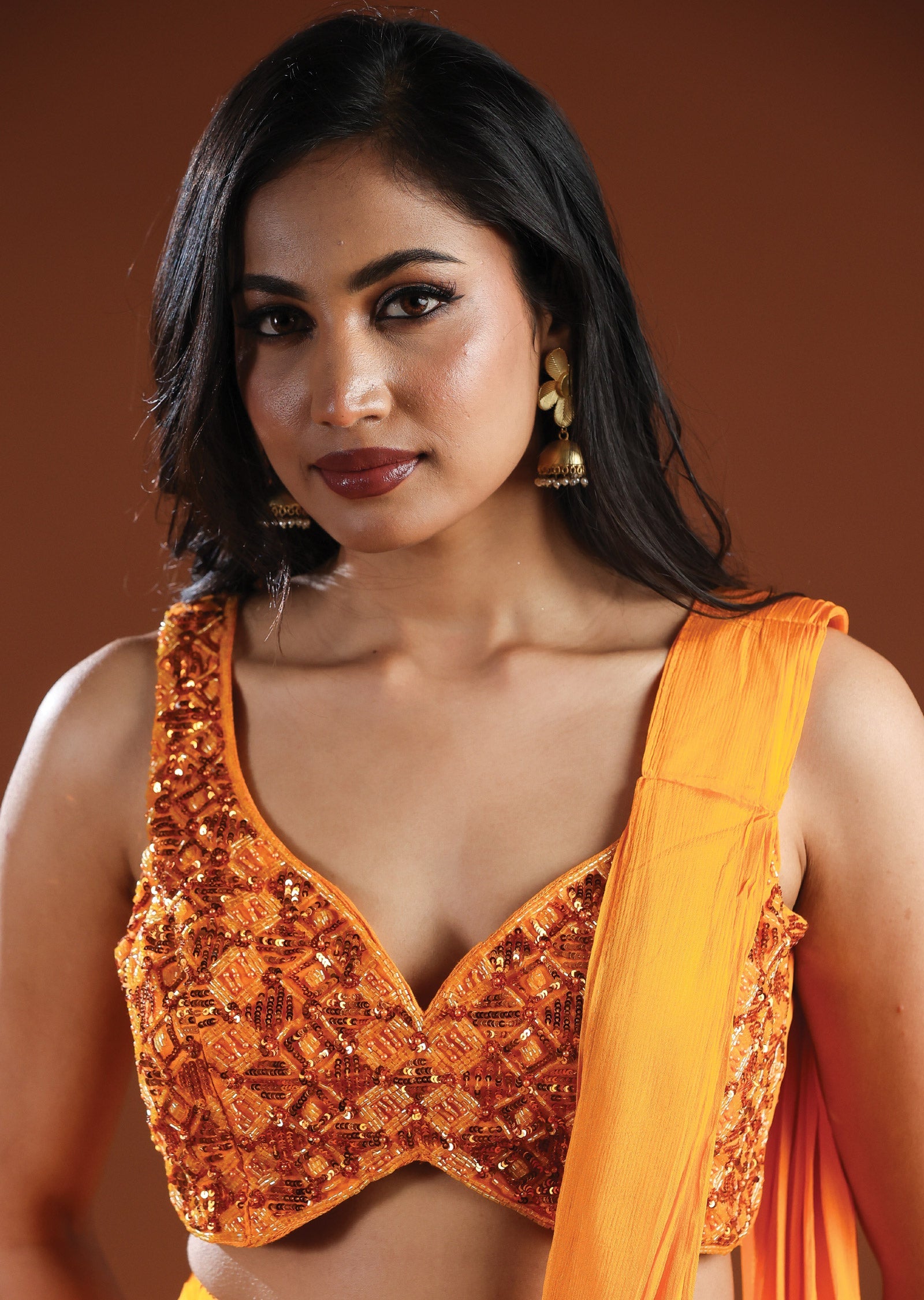 Orange Organza & Chinnon Draped Saree