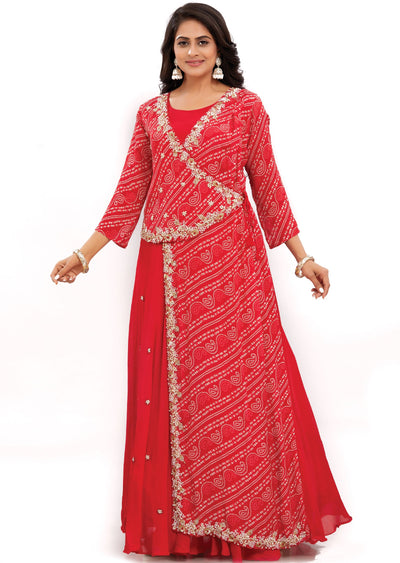 Red Chinnon Indo-Western Angrakha Style Gown