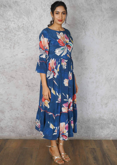 Dark Ink Blue Crepe Embroidered Frock Style Kurti