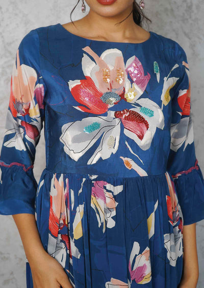 Dark Ink Blue Crepe Embroidered Frock Style Kurti