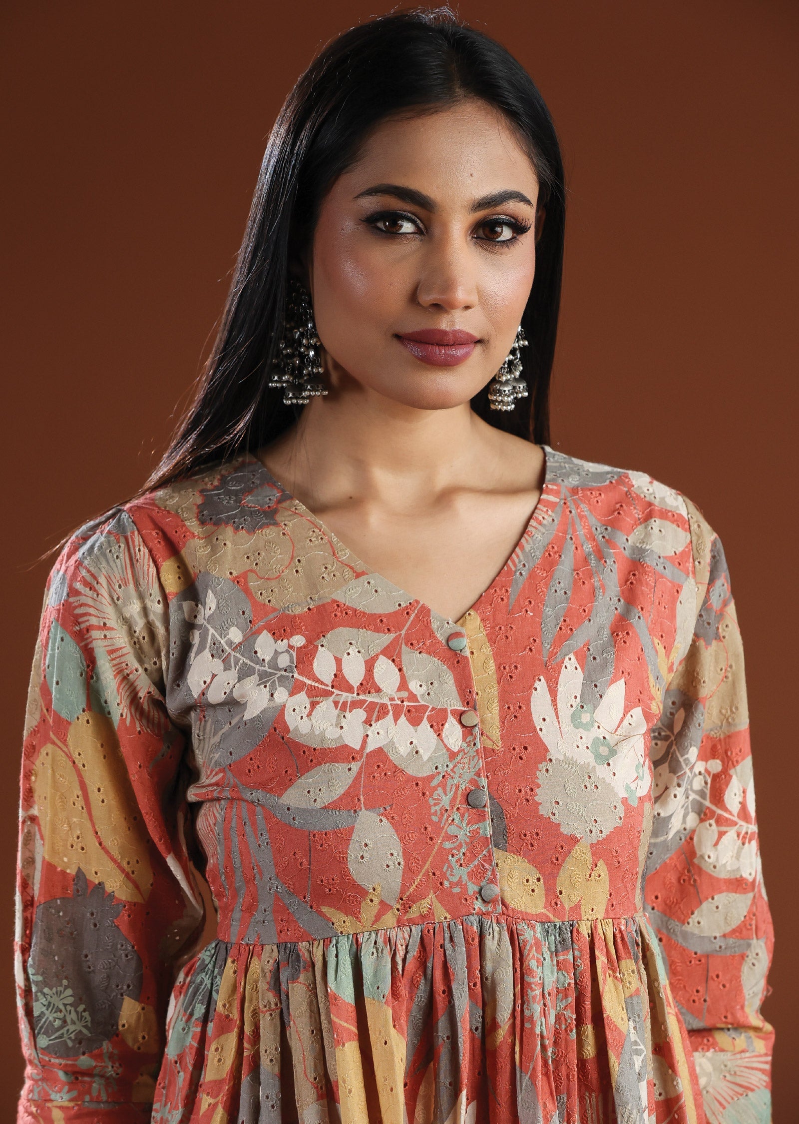 Rust Schiffli Cotton Midi Dress