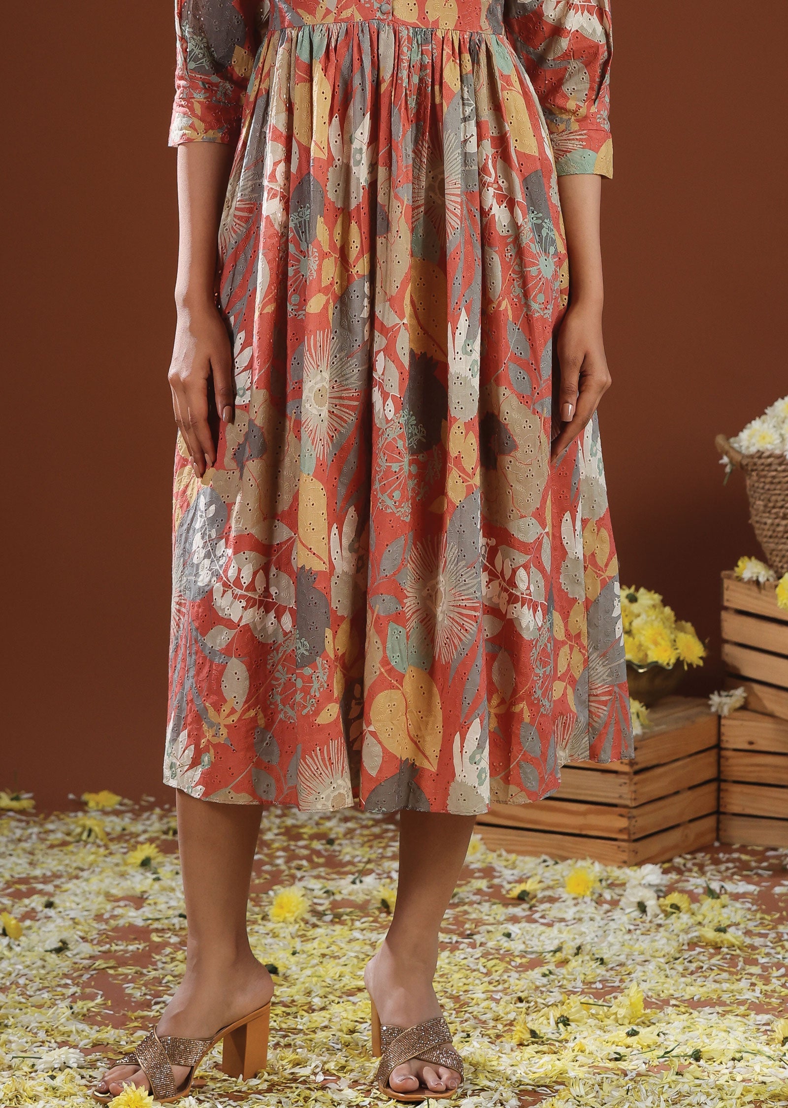 Rust Schiffli Cotton Midi Dress