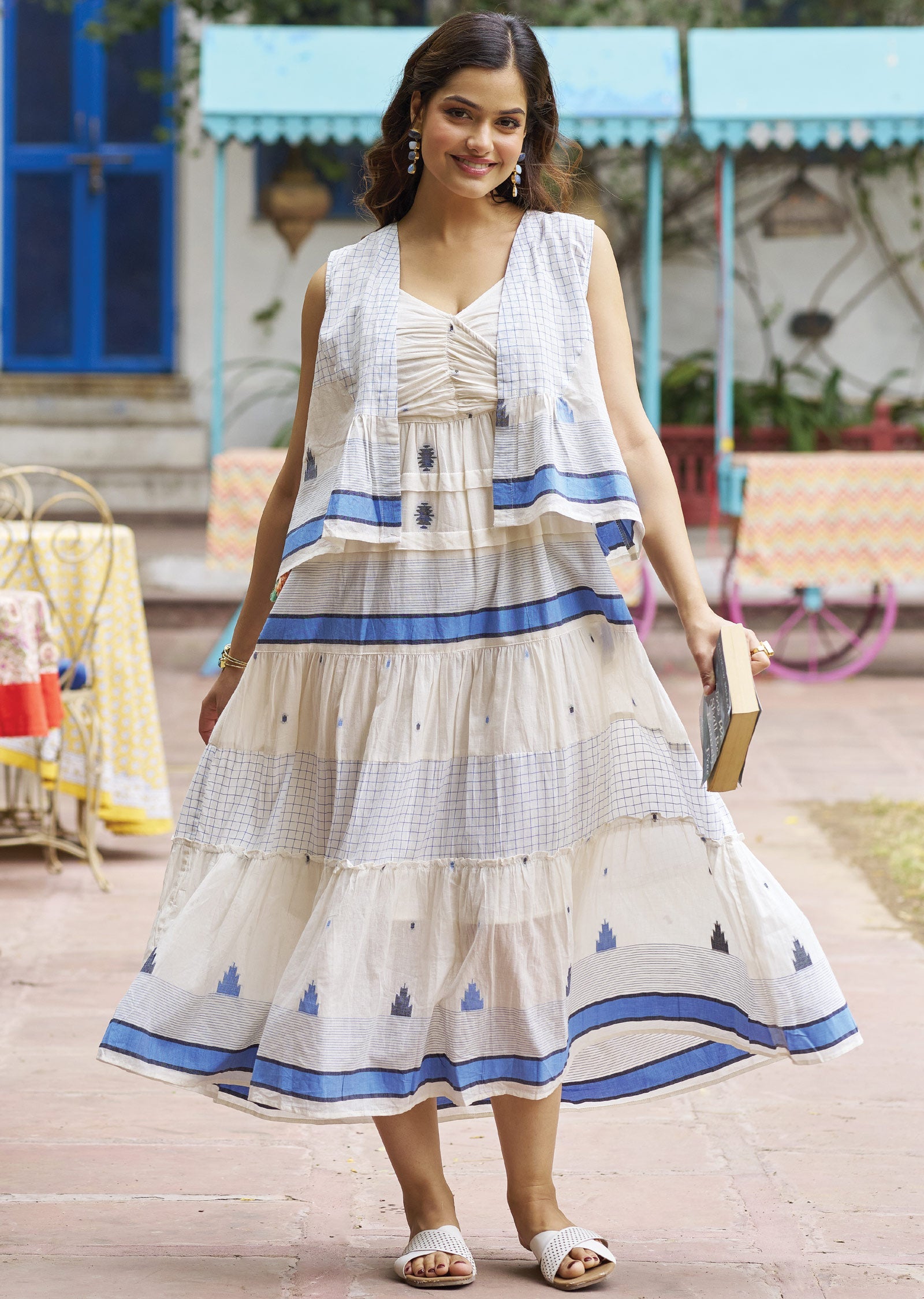 Off White & Blue Cotton Midi Dress