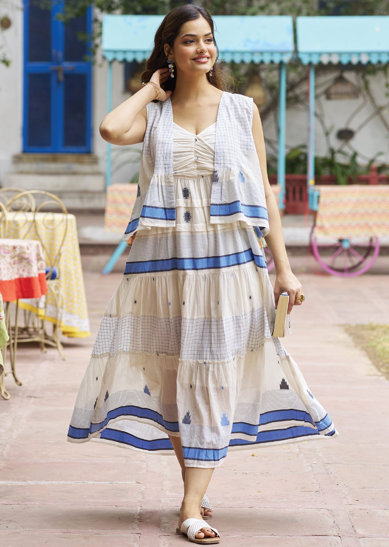 Off White & Blue Cotton Midi Dress