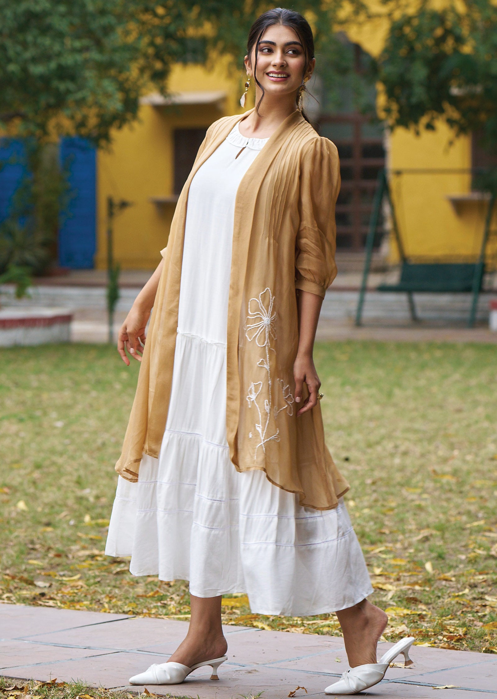 Off White & Brown Cotton Midi Dress