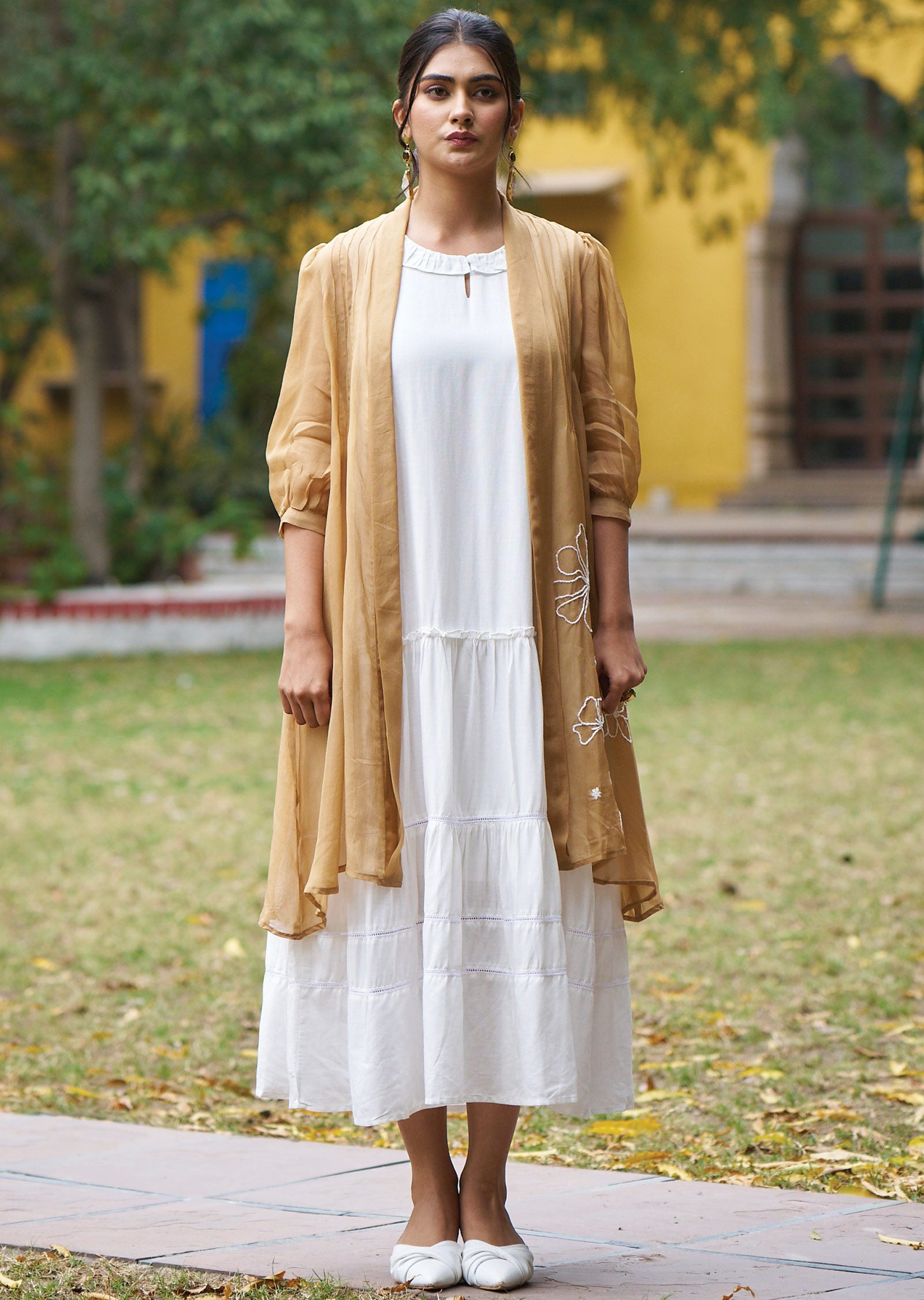 Off White & Brown Cotton Midi Dress