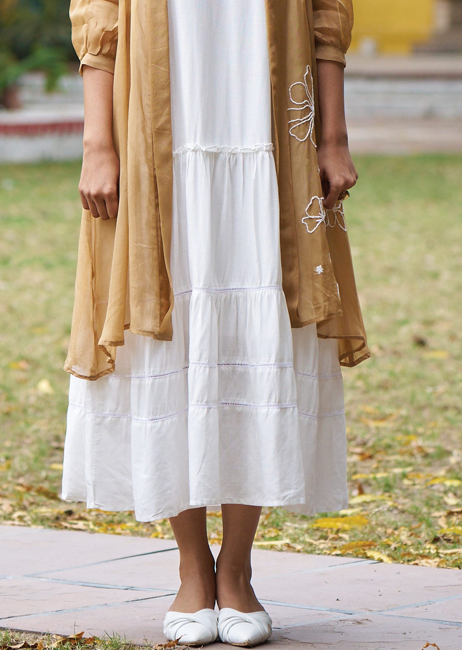 Off White & Brown Cotton Midi Dress