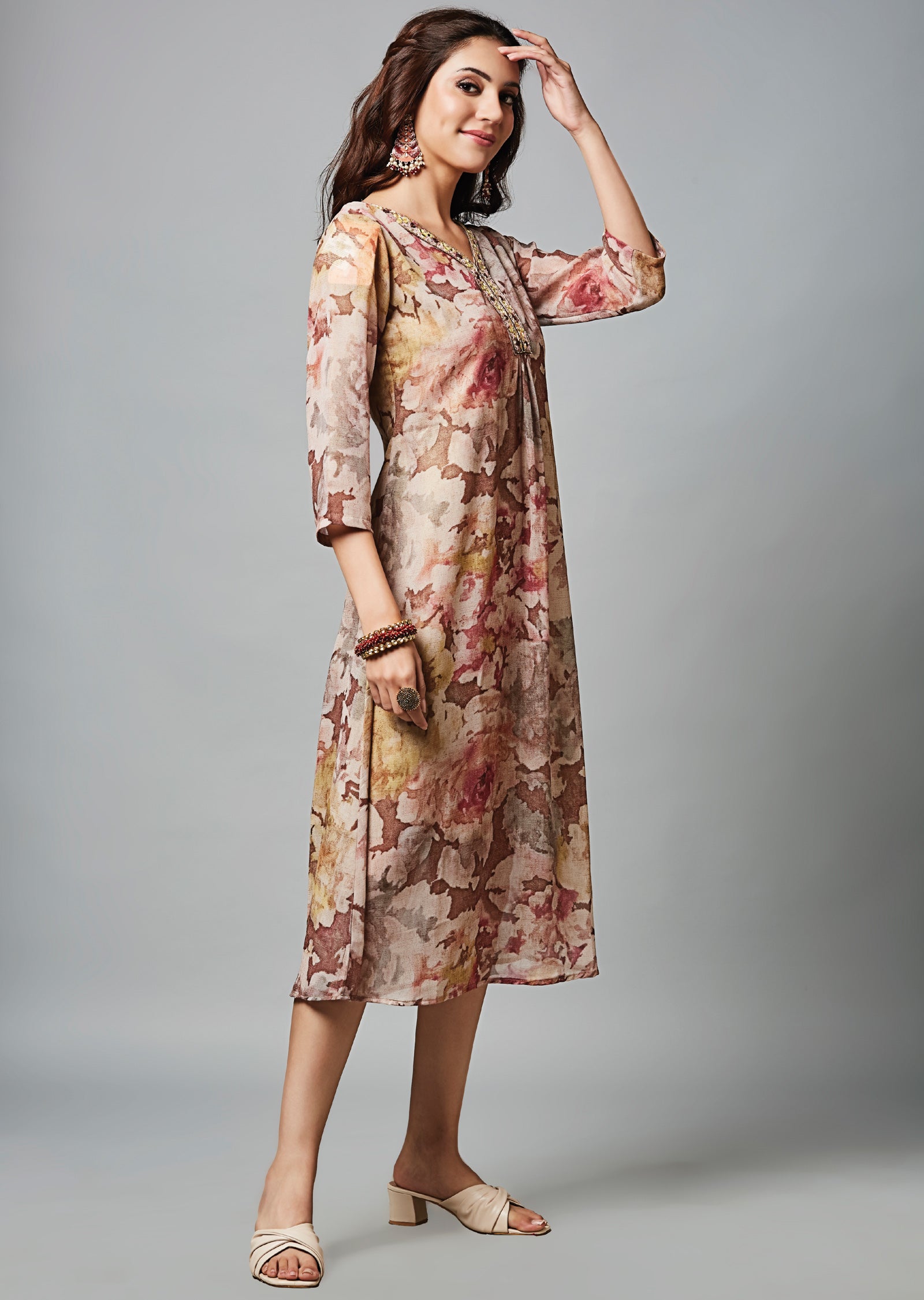 Brown Georgette Midi Dress