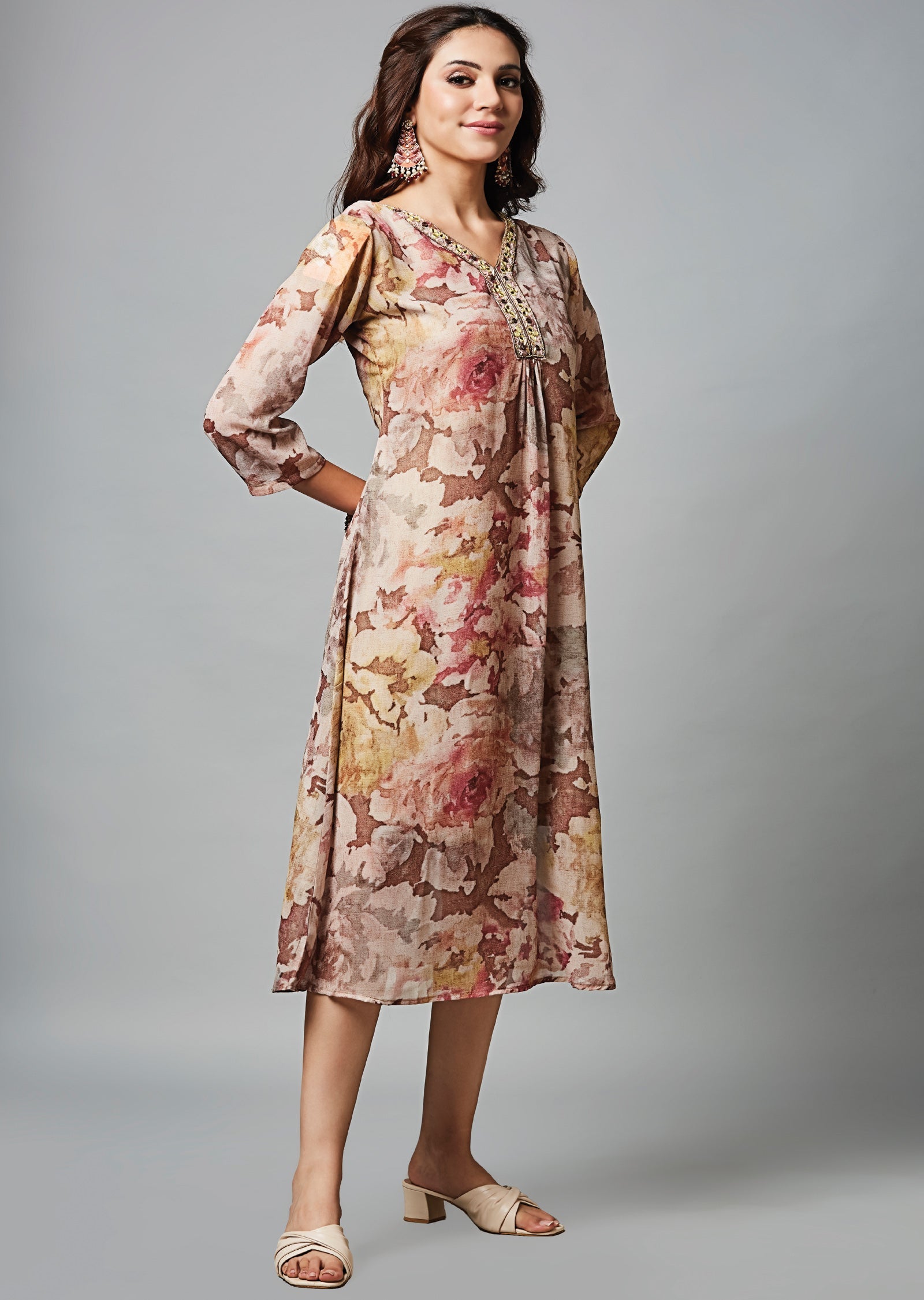 Brown Georgette Midi Dress