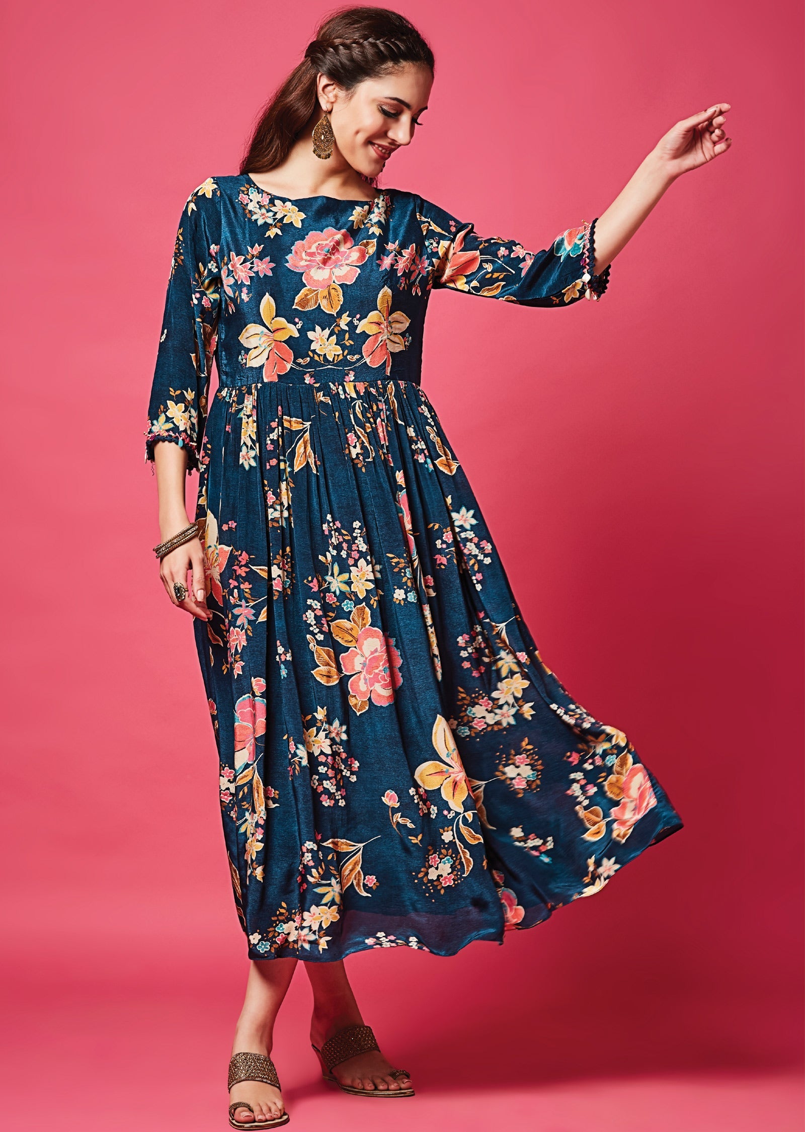 blue crepe midi dress Blue Crepe A Line Midi Dress With Bow Straps main image 1