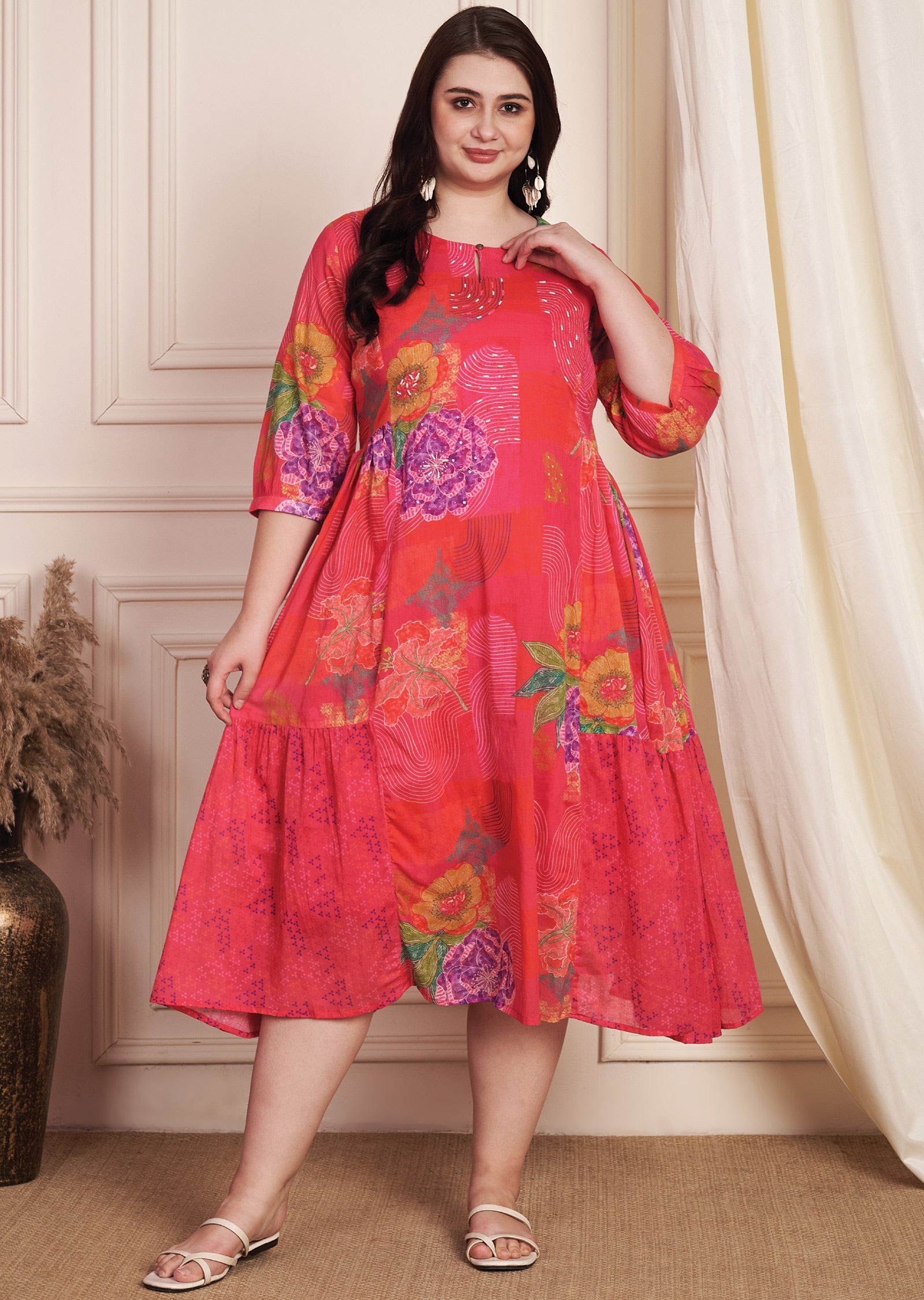 Red & Rani Pink Cotton Midi Dress