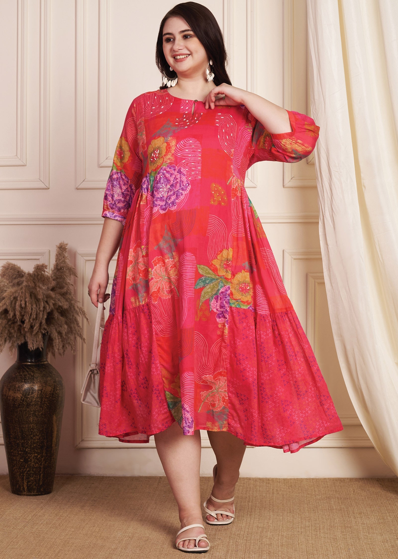 Red & Rani Pink Cotton Midi Dress