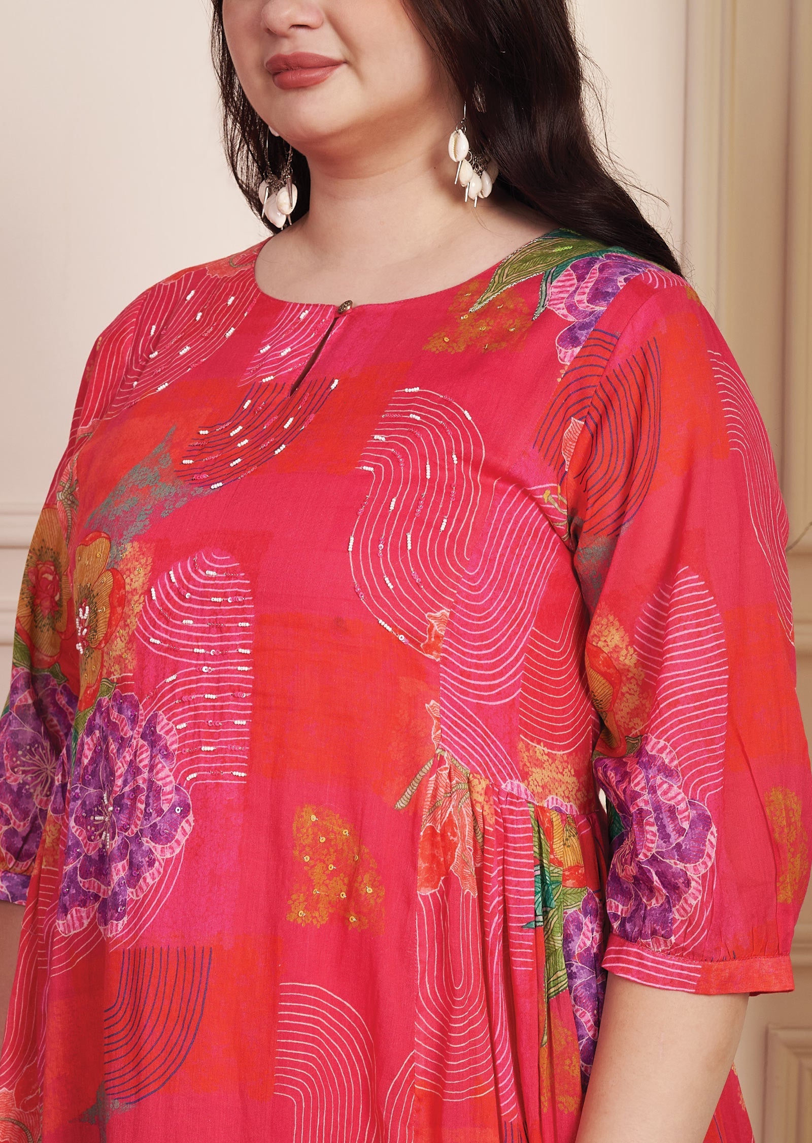 Red & Rani Pink Cotton Midi Dress