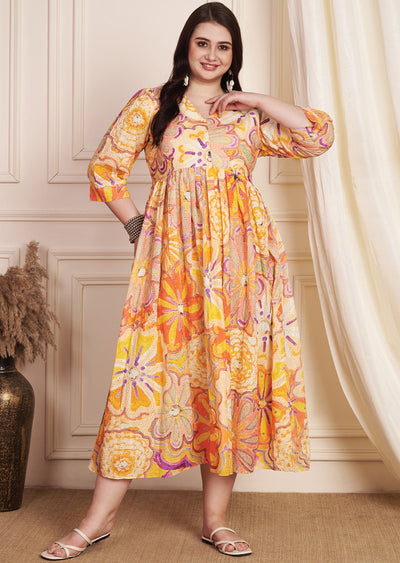 Orange & Multi Schiffli Cotton Midi Dress