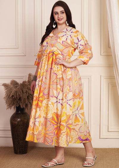 Orange & Multi Schiffli Cotton Midi Dress