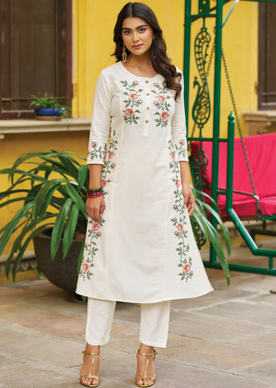 Off White Cotton Straight Cut Kurti Set