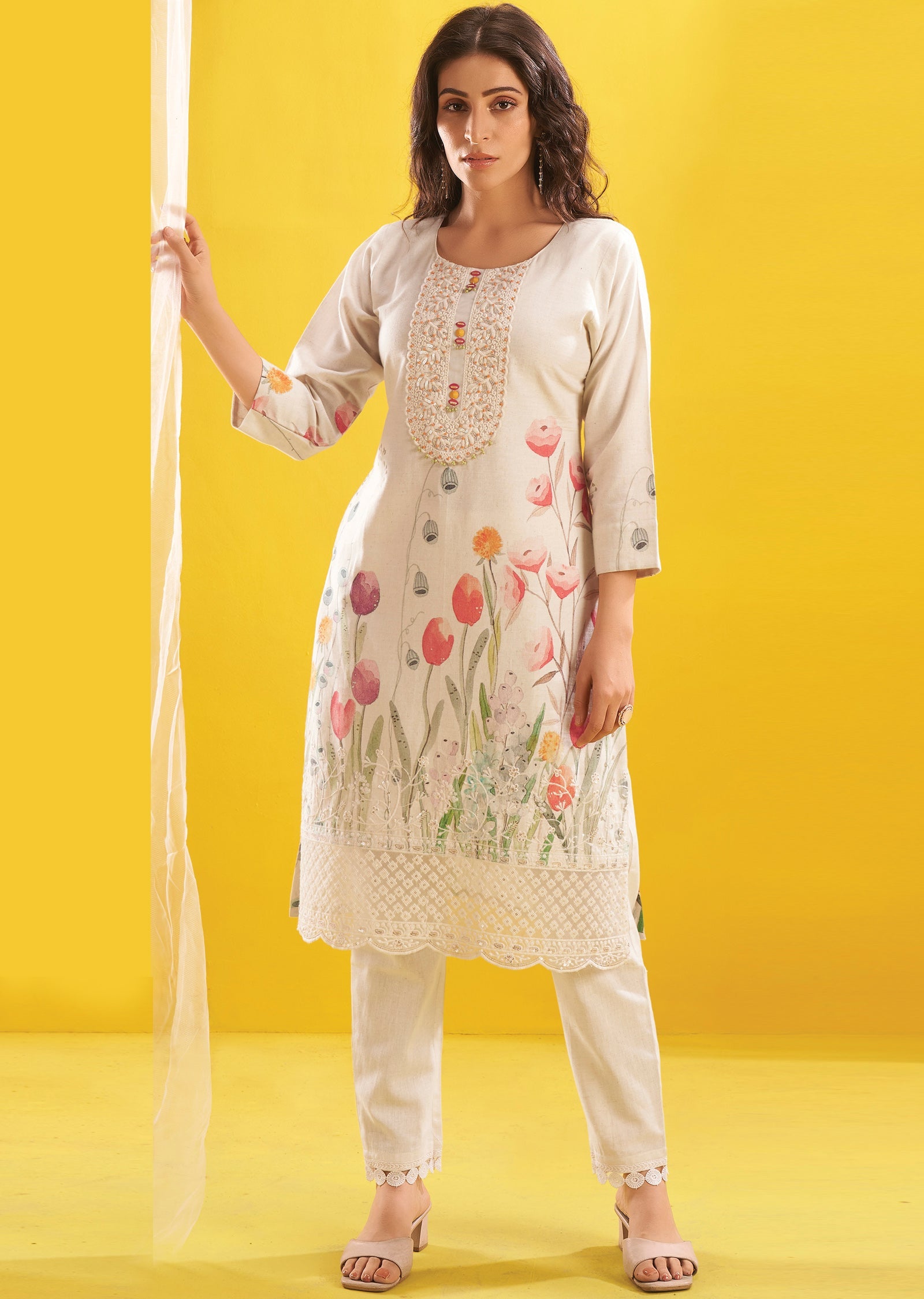 Cream Cotton Straight Cut Kurti Set