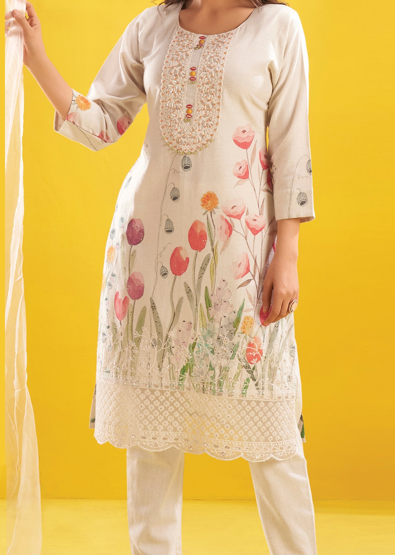 Cream Cotton Straight Cut Kurti Set