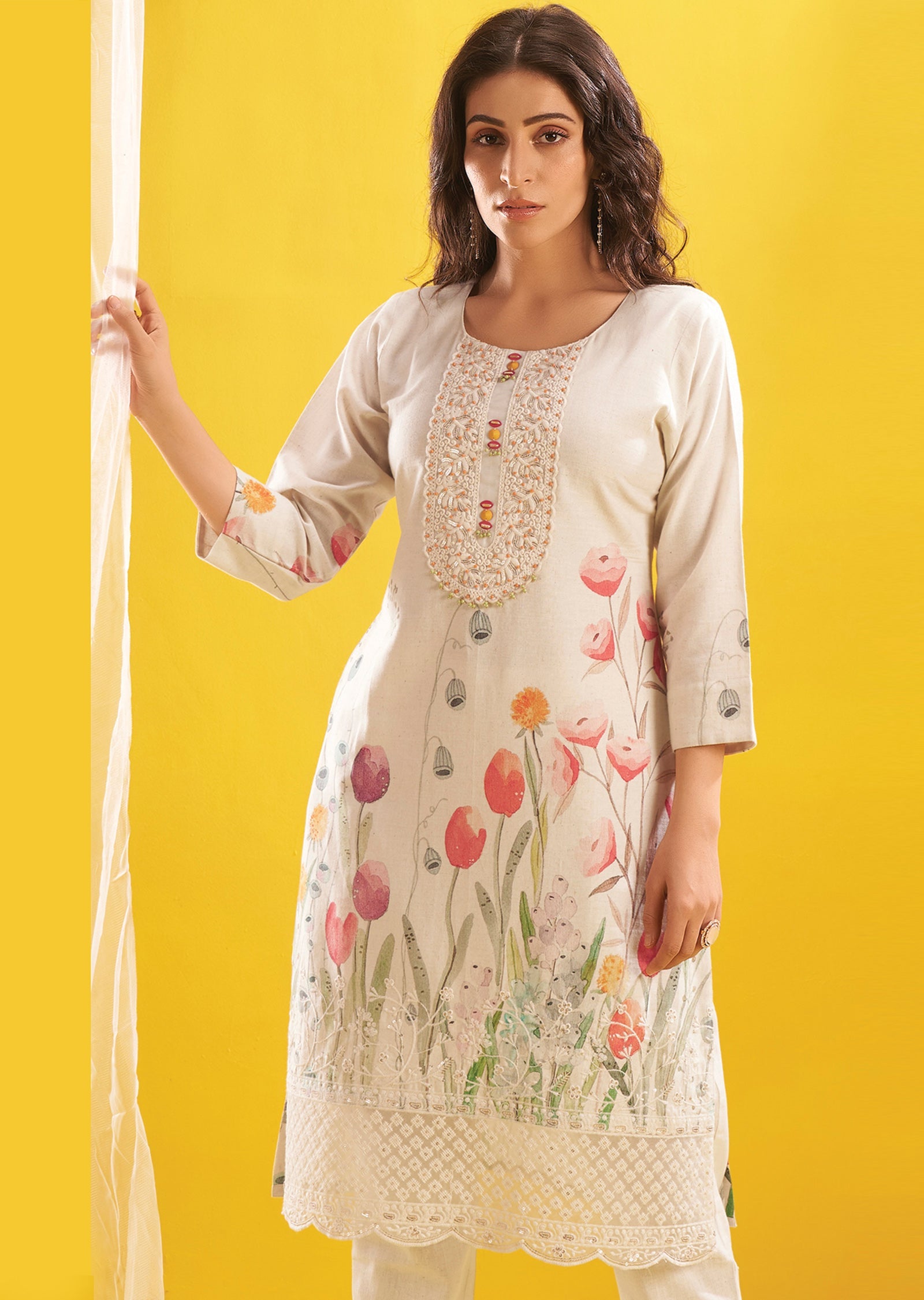 Cream Cotton Straight Cut Kurti Set