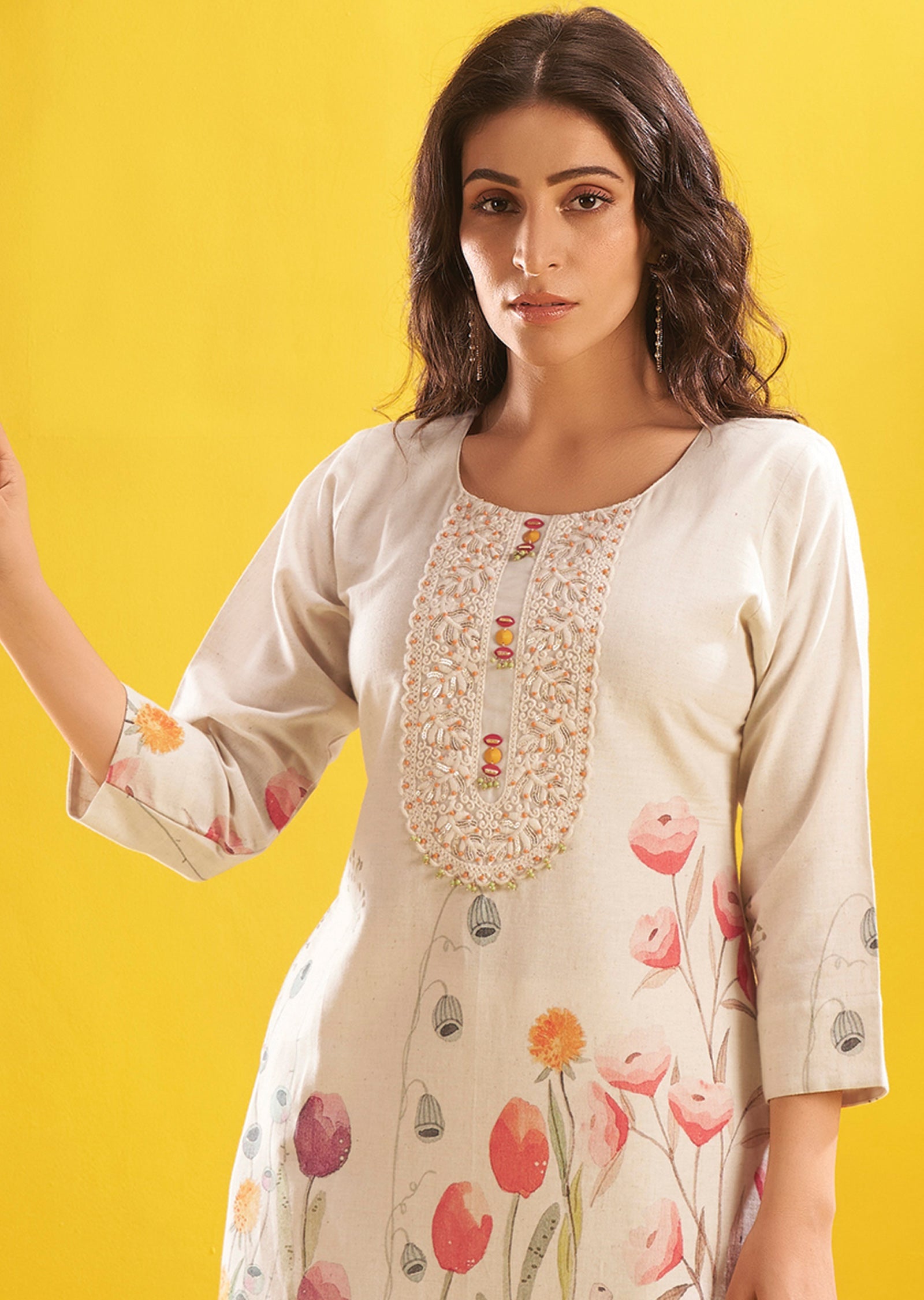 Cream Cotton Straight Cut Kurti Set