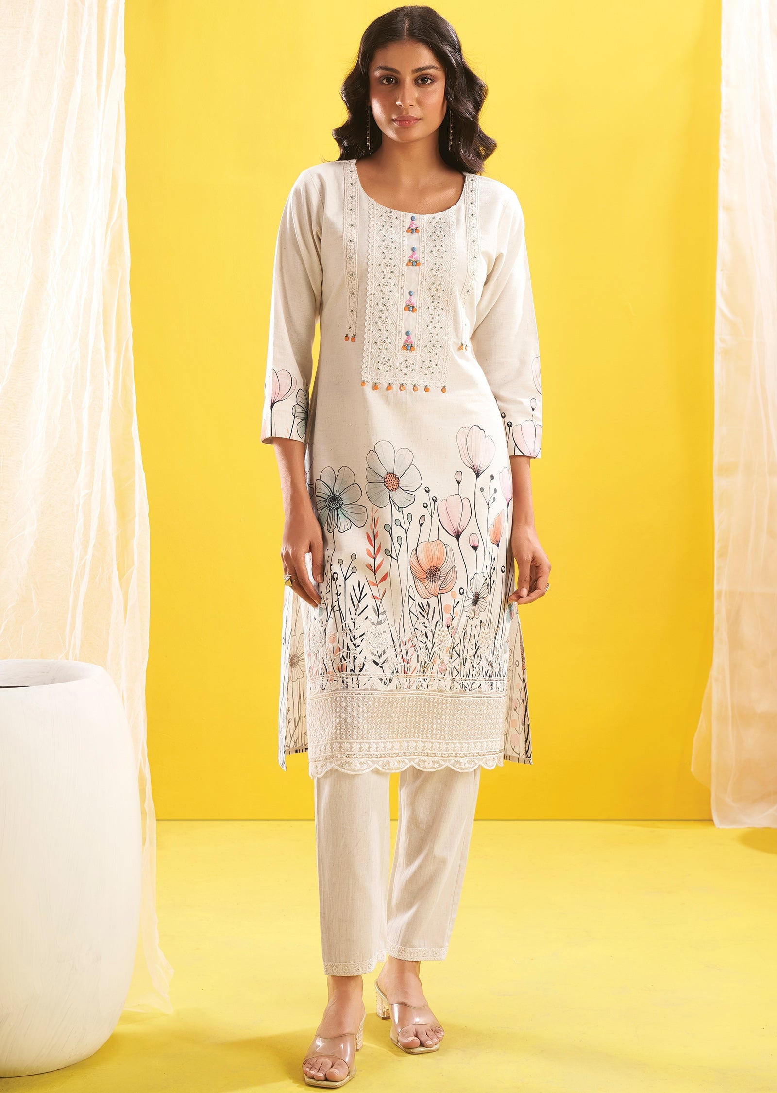 Cream Cotton Straight Cut Kurti Set