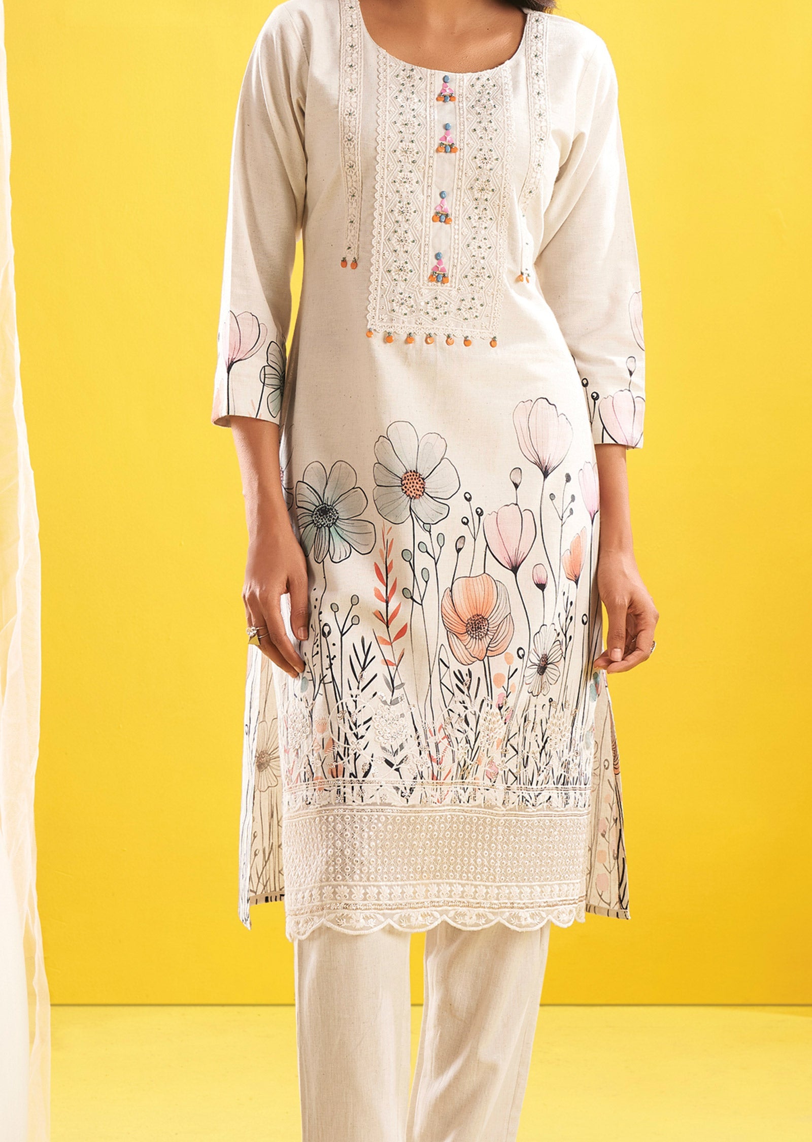 Cream Cotton Straight Cut Kurti Set