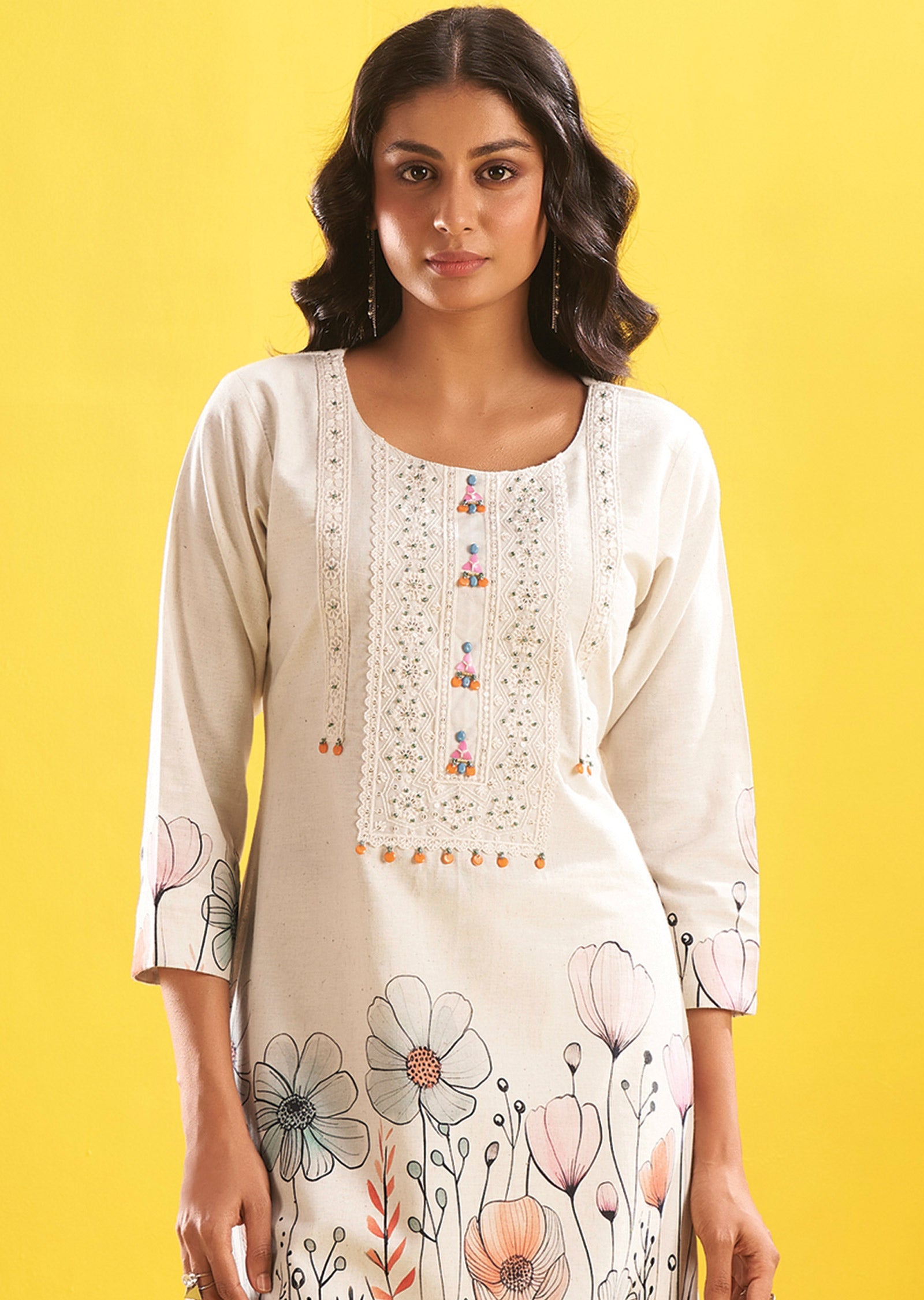 Cream Cotton Straight Cut Kurti Set