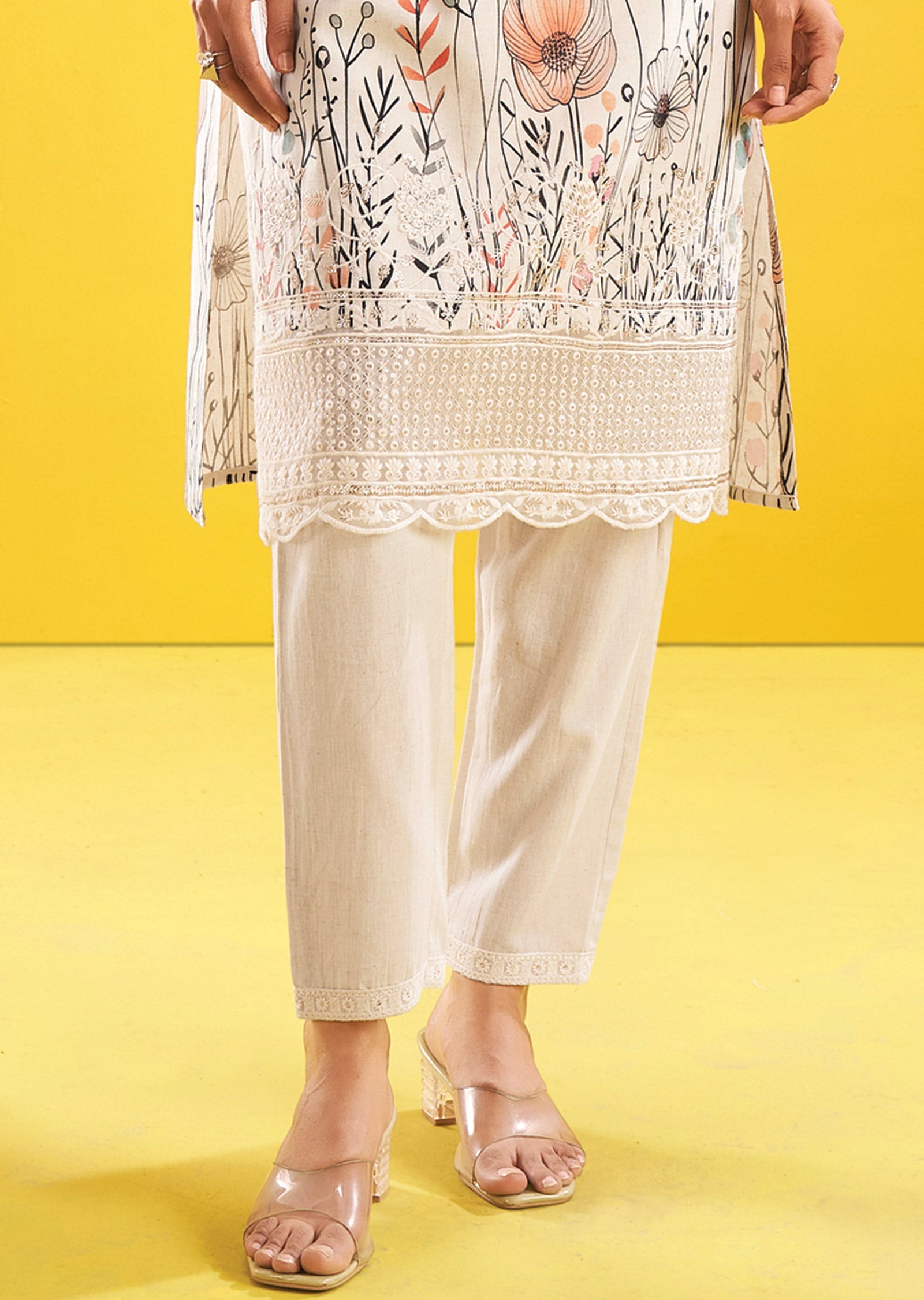 Cream Cotton Straight Cut Kurti Set