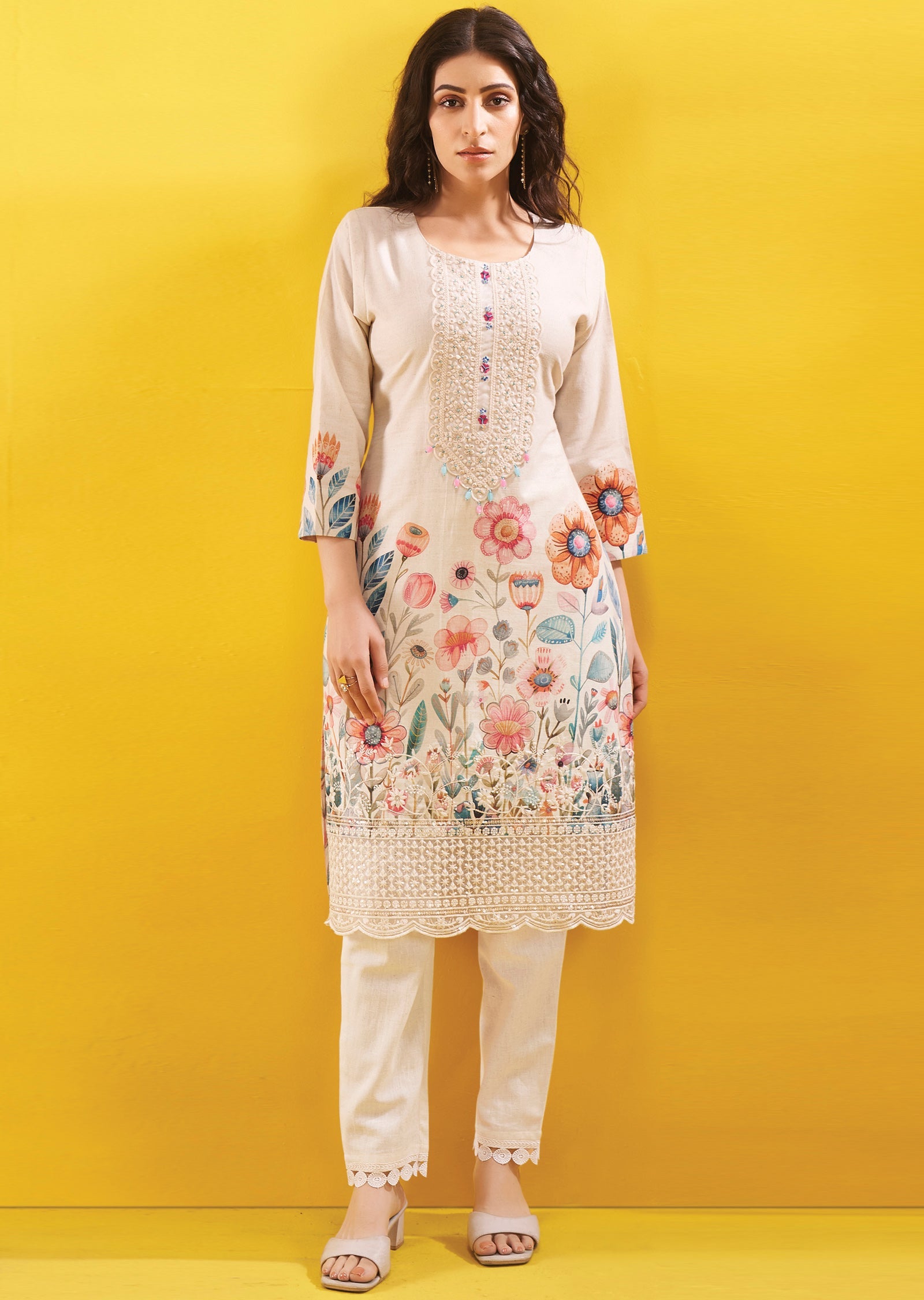 Cream Cotton Straight Cut Kurti Set