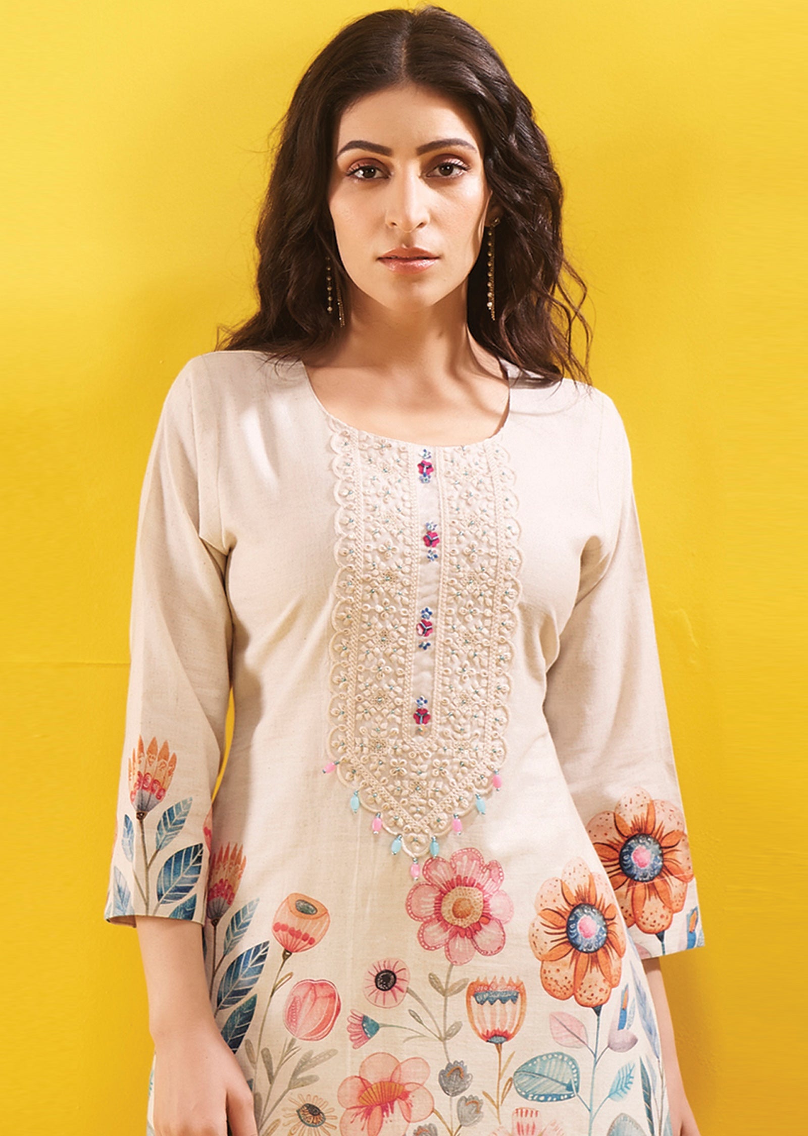 Cream Cotton Straight Cut Kurti Set
