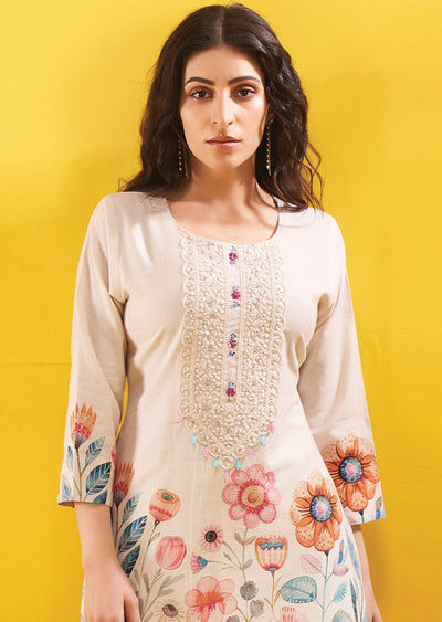 Cream Cotton Straight Cut Kurti Set