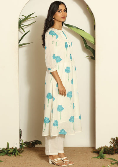 Off White Cotton Straight Cut Kurti Set
