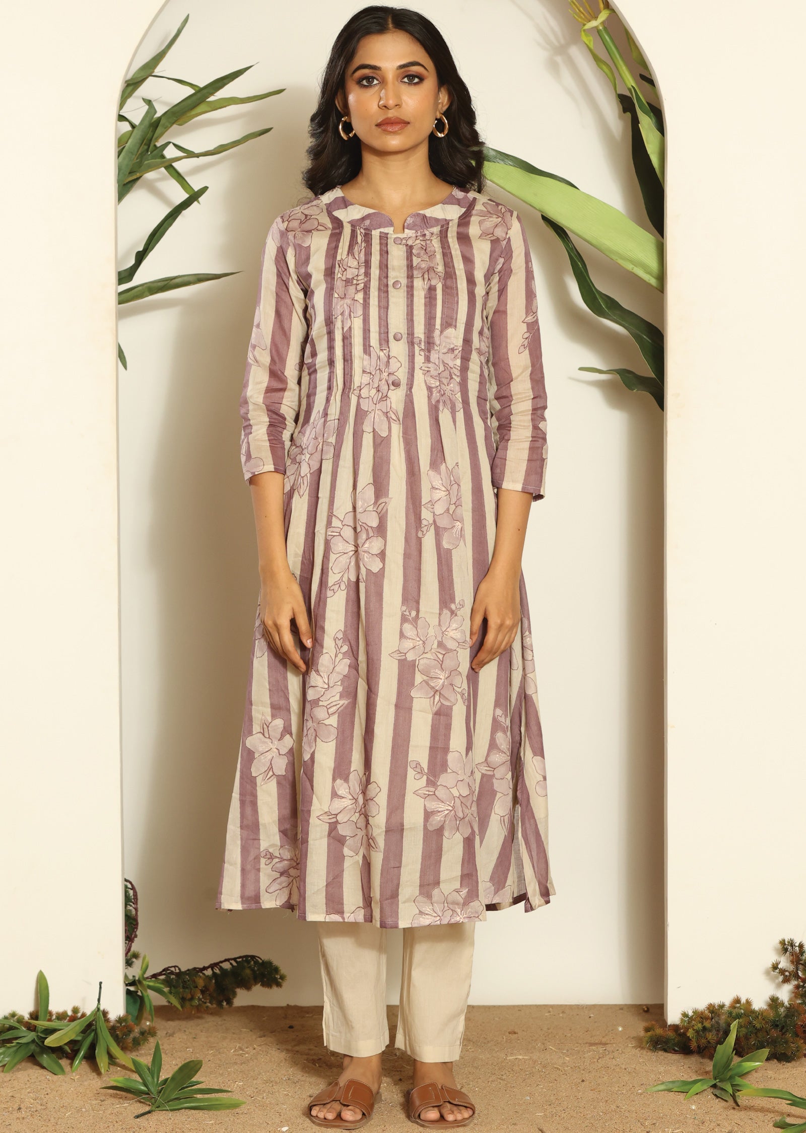 Mauve & Beige Cotton Straight Cut Kurti Set