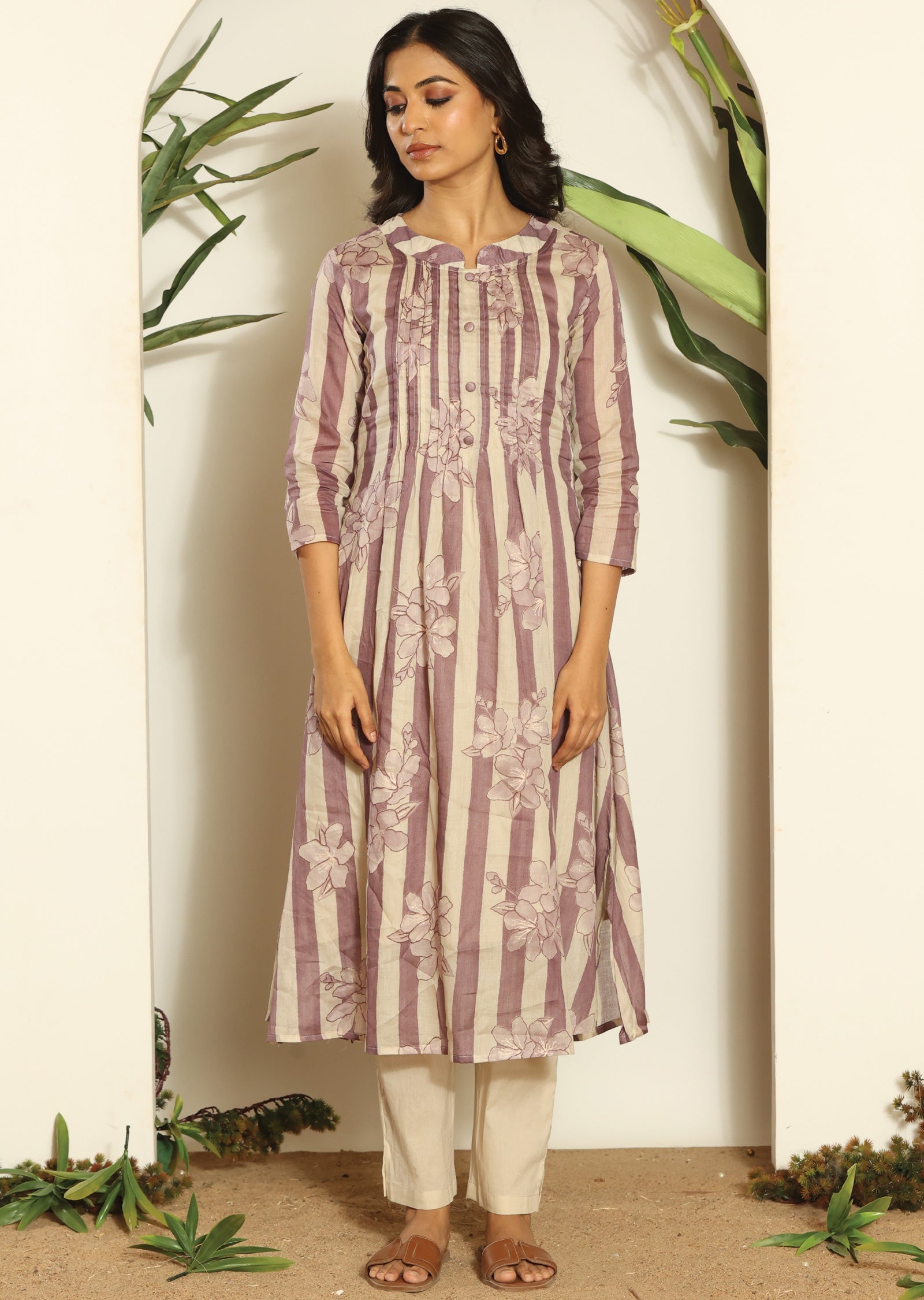Mauve & Beige Cotton Straight Cut Kurti Set
