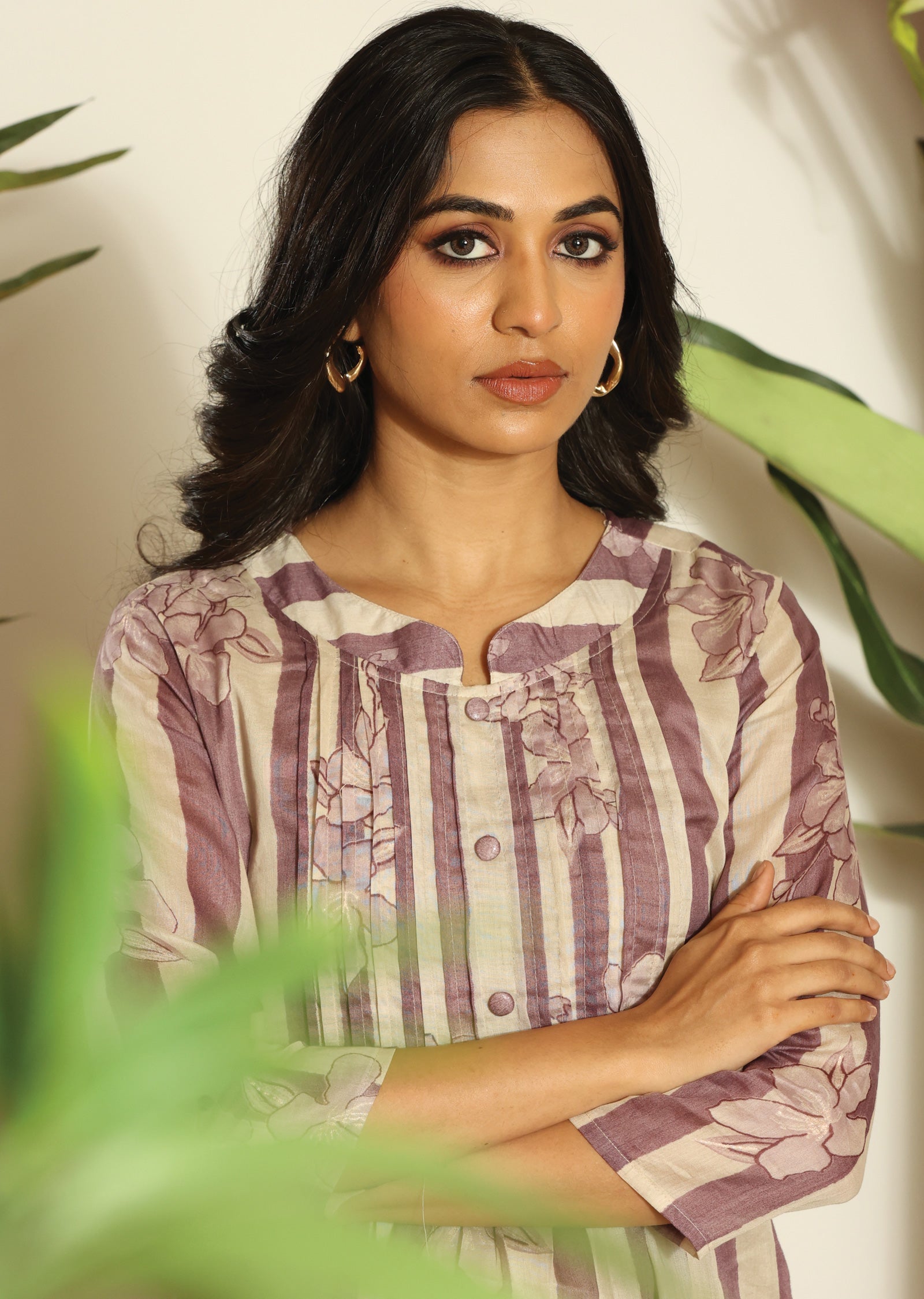 Mauve & Beige Cotton Straight Cut Kurti Set