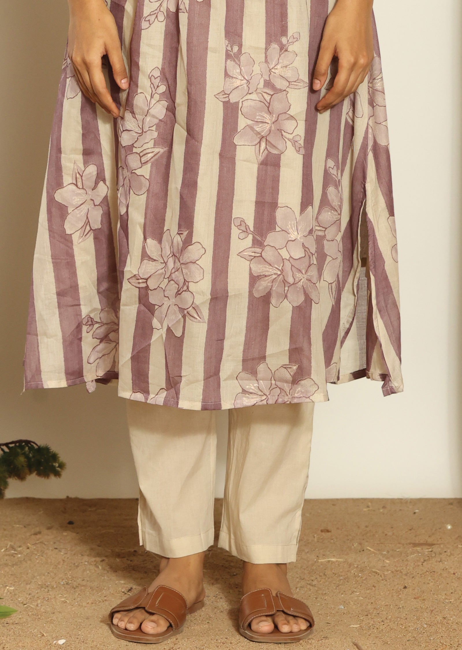 Mauve & Beige Cotton Straight Cut Kurti Set