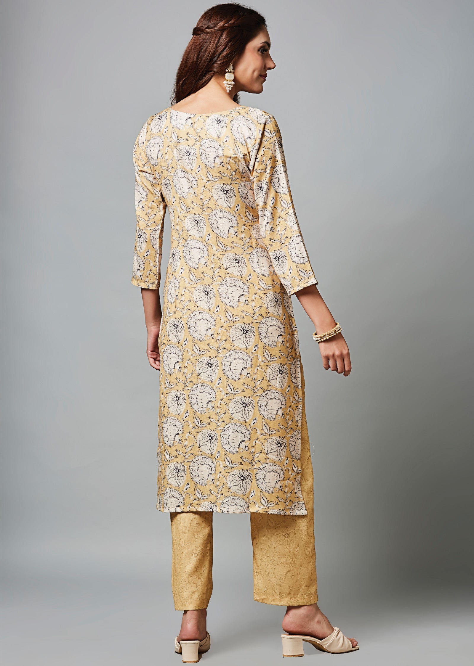 Light Yellow Linen Silk Straight Cut Kurti Set