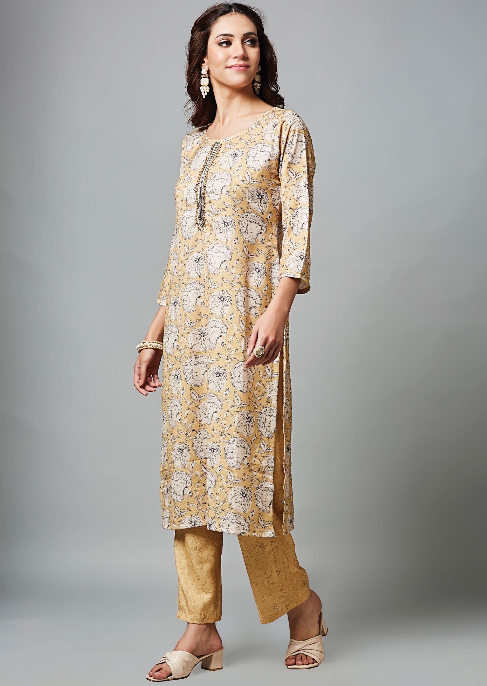 Light Yellow Linen Silk Straight Cut Kurti Set