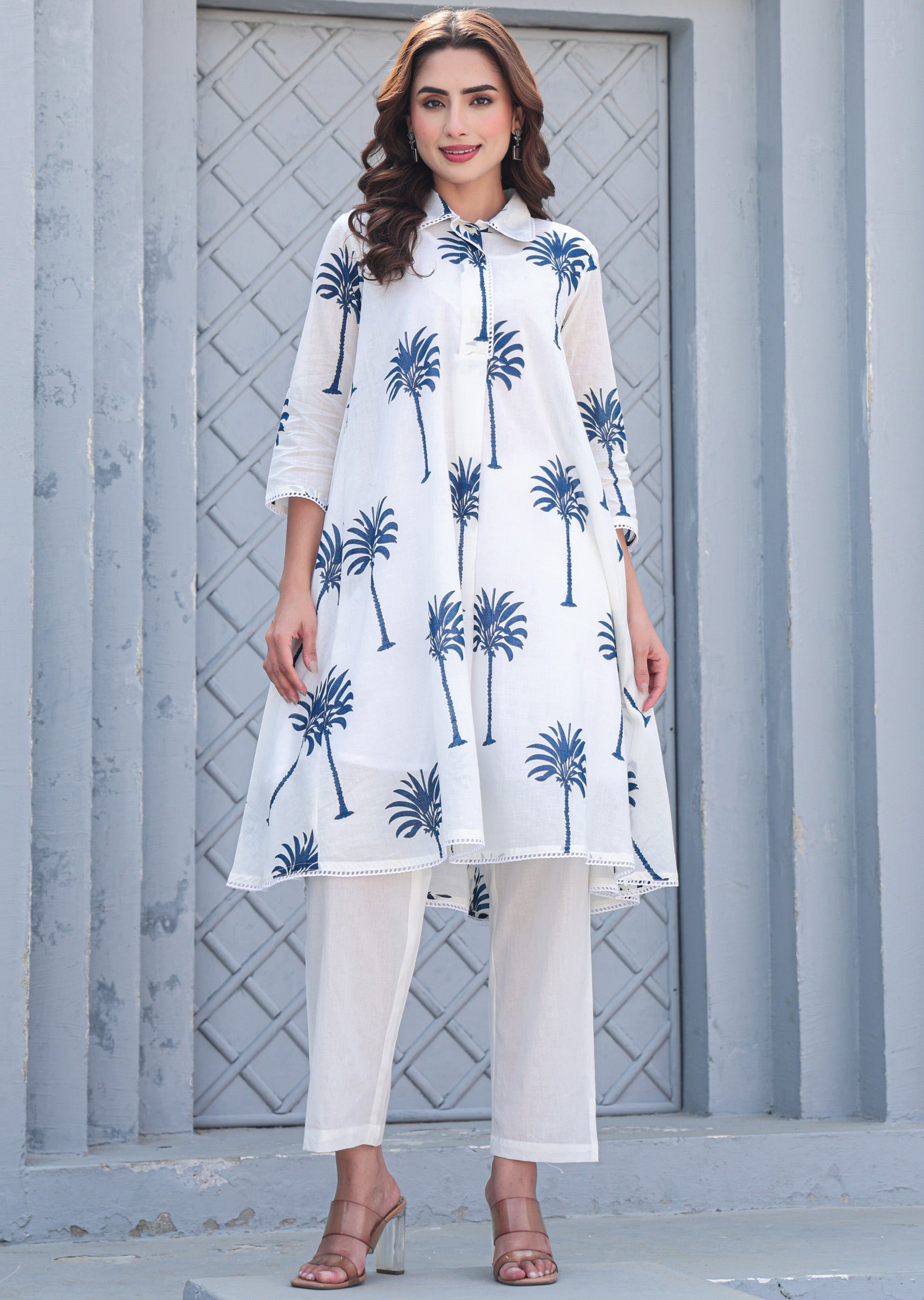White & Blue Cotton A-line Kurti Set