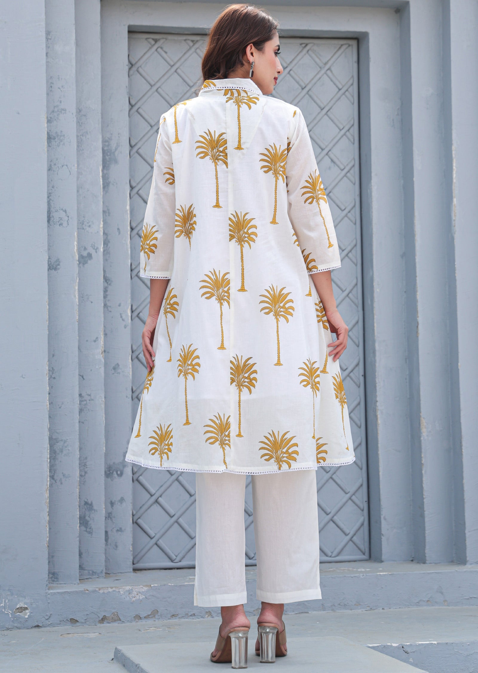 Off-White & Mustard Cotton A-line Kurti Set