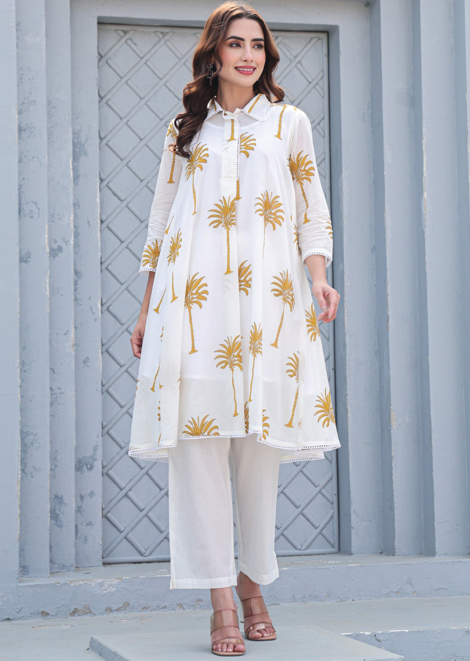 Off-White & Mustard Cotton A-line Kurti Set