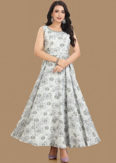 Off White & Green Georgette Long Dress