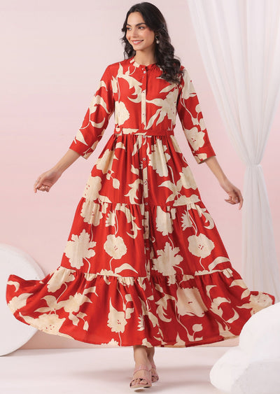 Rust & Beige Muslin Long Dress